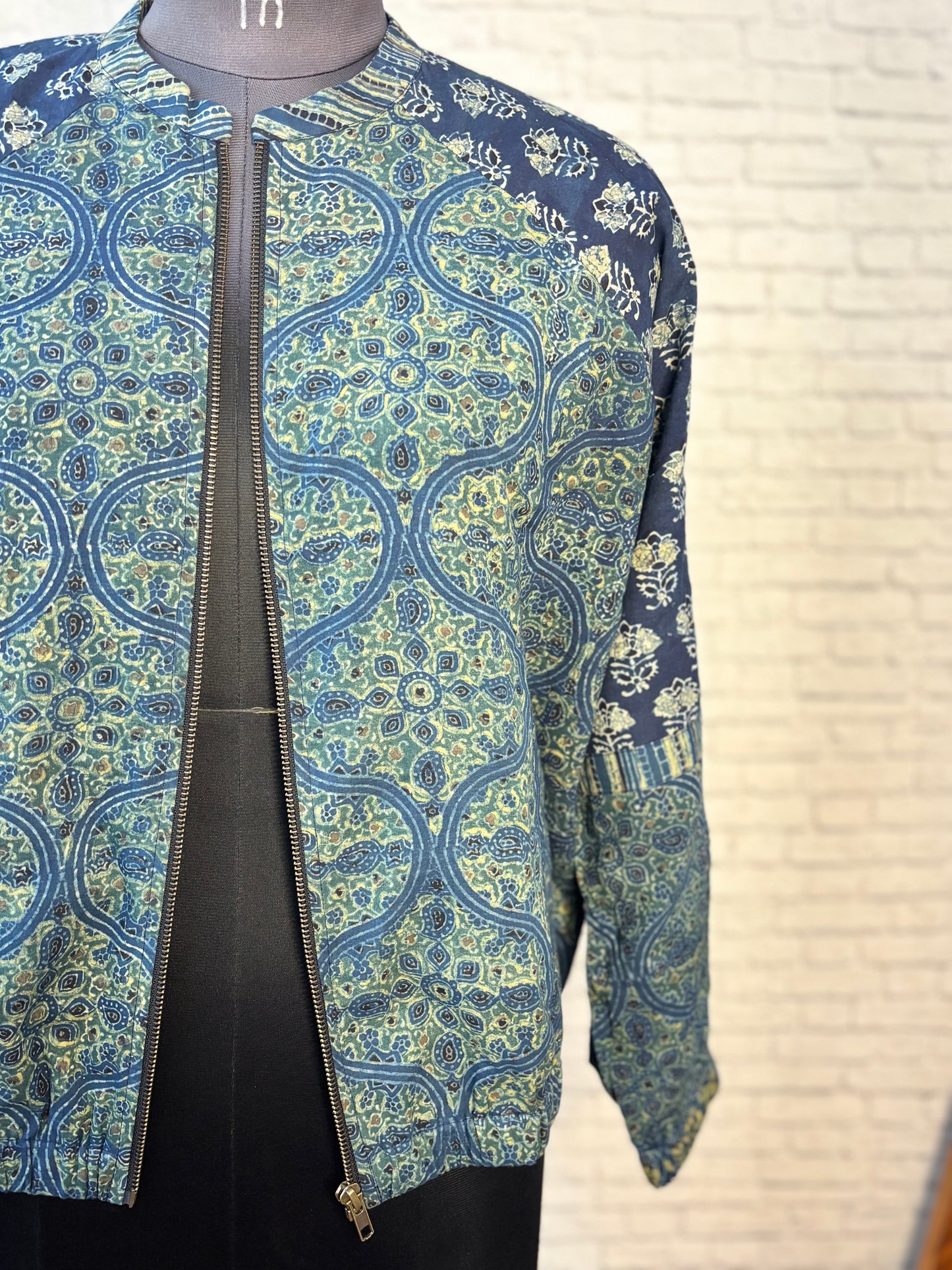 Indigo Green Ajrakh Hand Block Printed Unisex Bomber Jacket