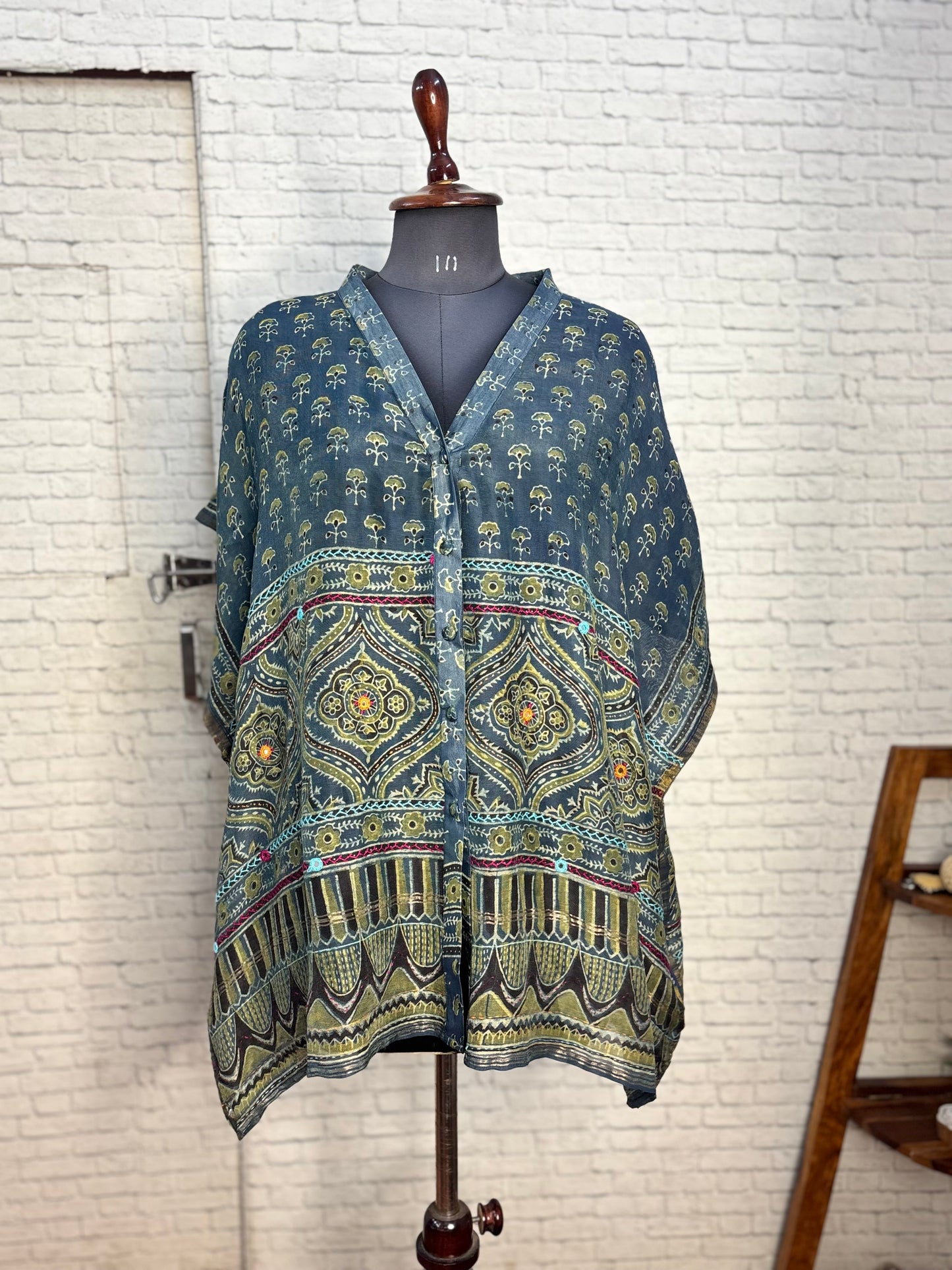 Indigo Green Ajrakh Chanderi Shirt Kaftan with Hand Embroidery