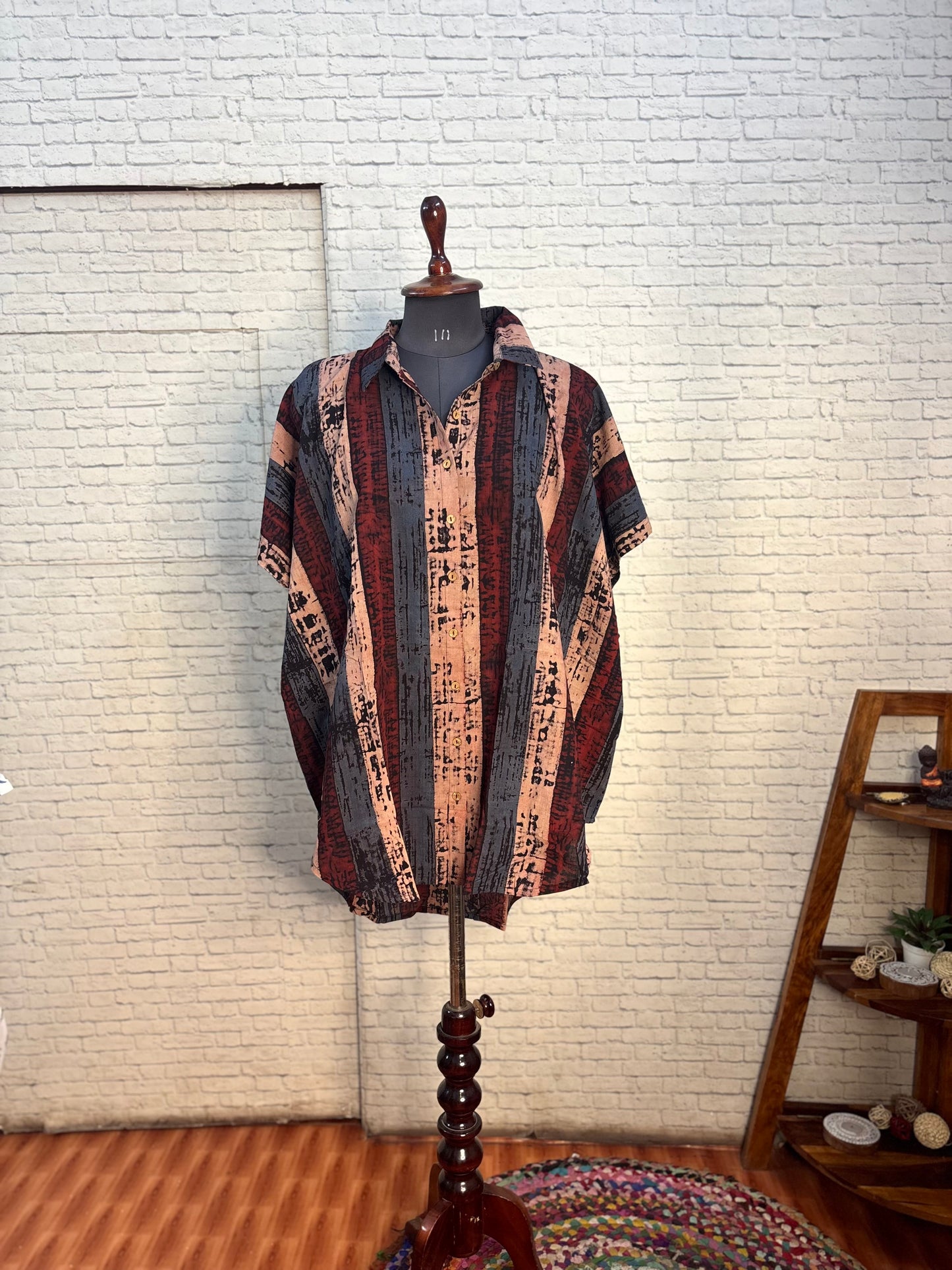 Black Red Brush Cotton High Low Shirt Kaftan