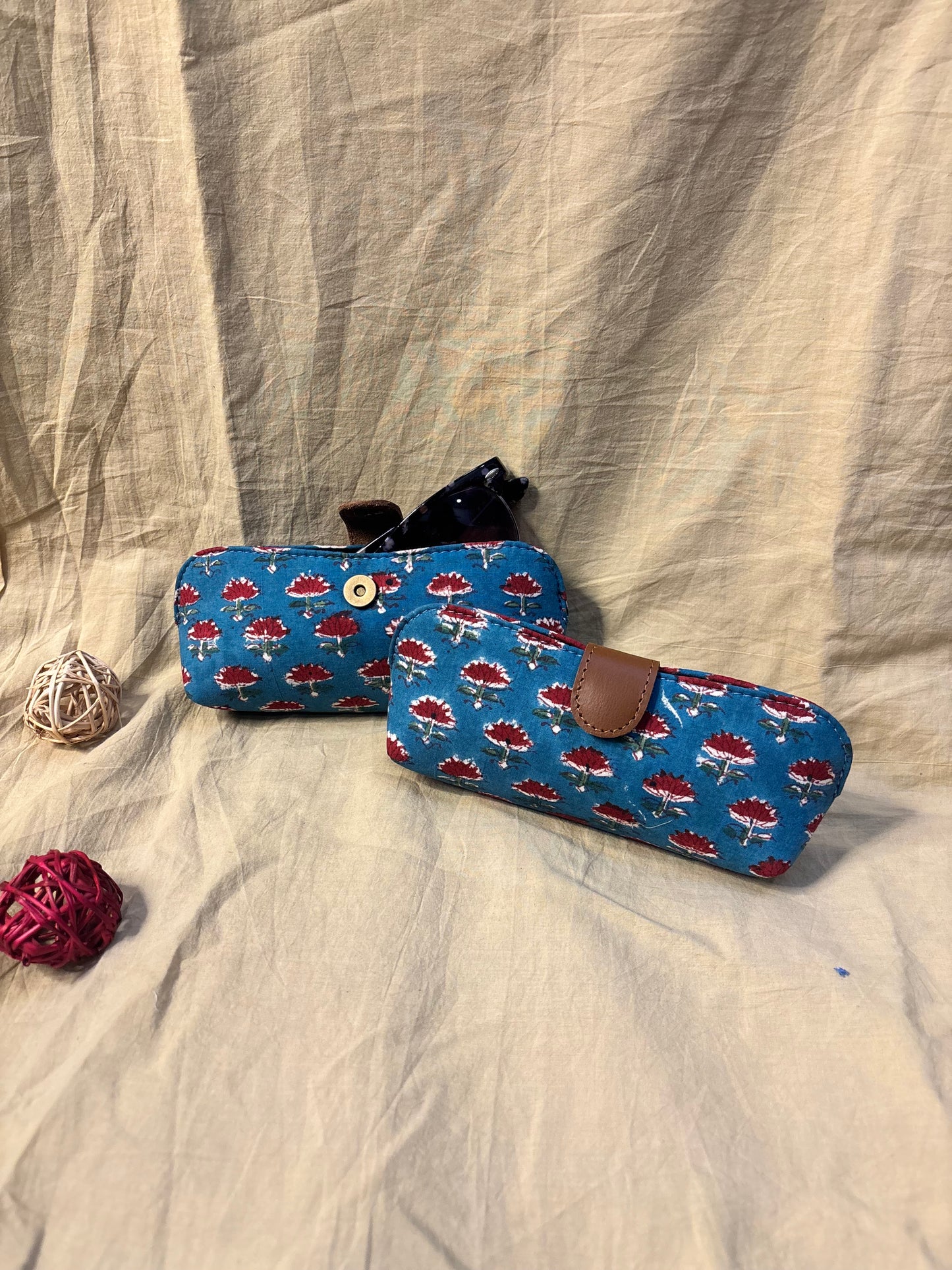 Blue Red Hand Block Print Eyewear Case