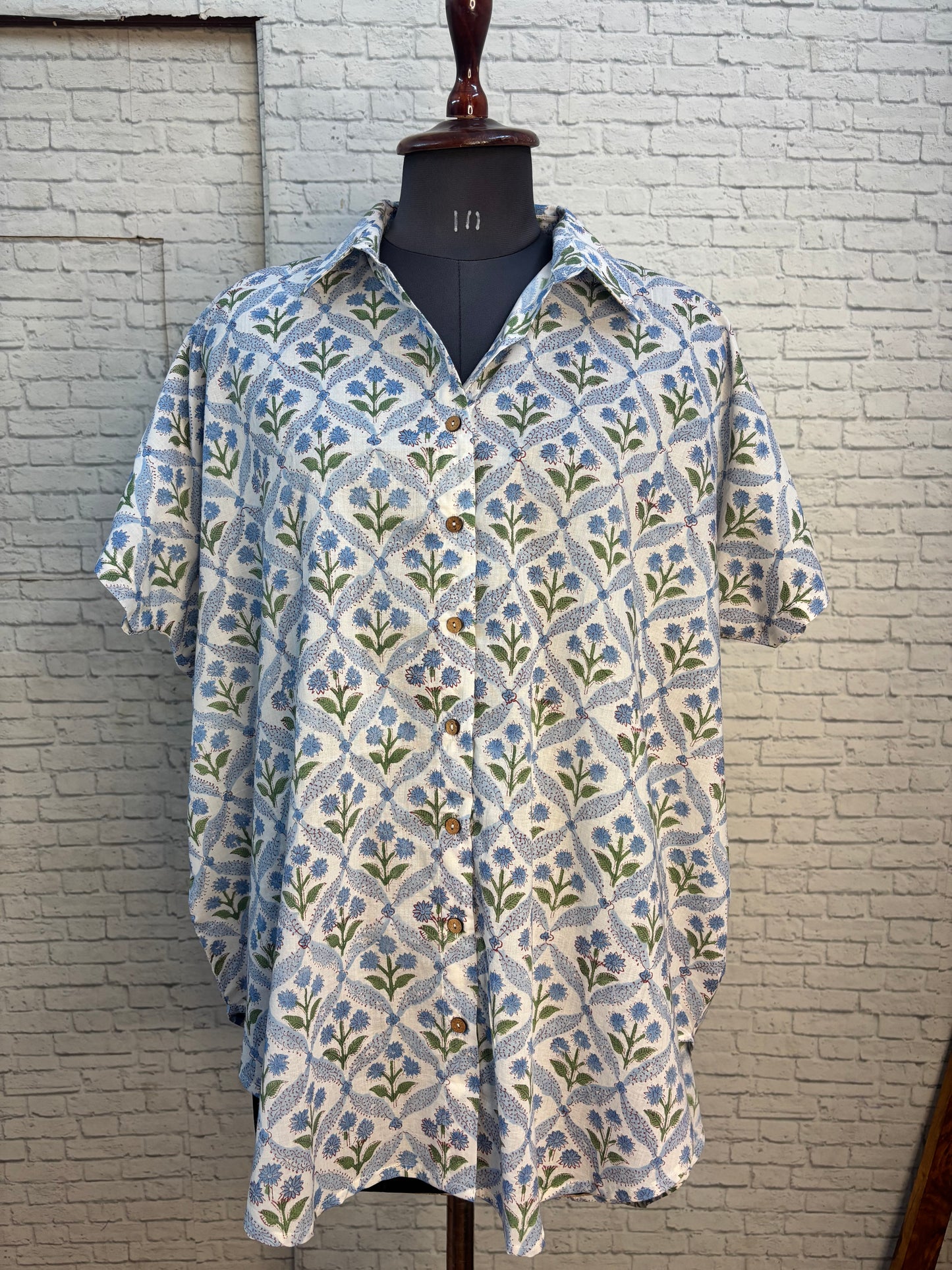 White Mughal Hand Block Printed Cotton High Low Shirt Kaftan