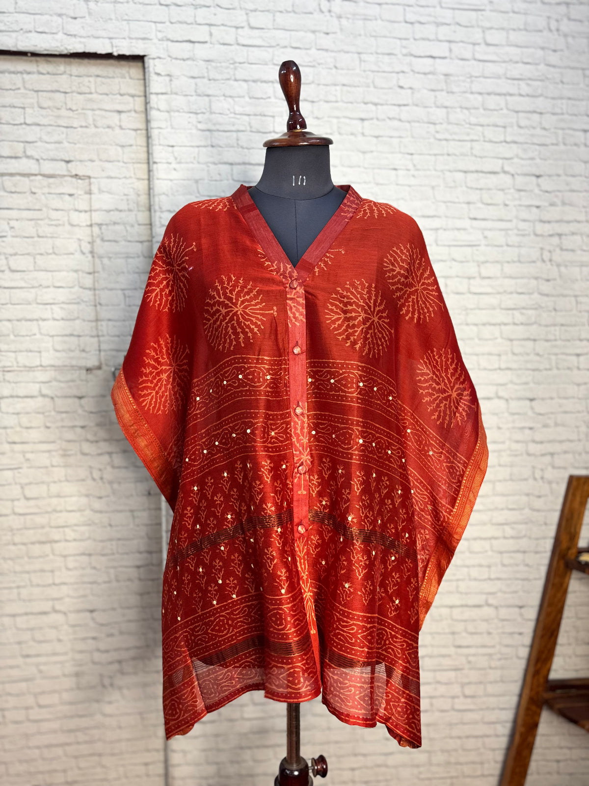 Red Dabu Chanderi Shirt Kaftan with Sequin Detailing