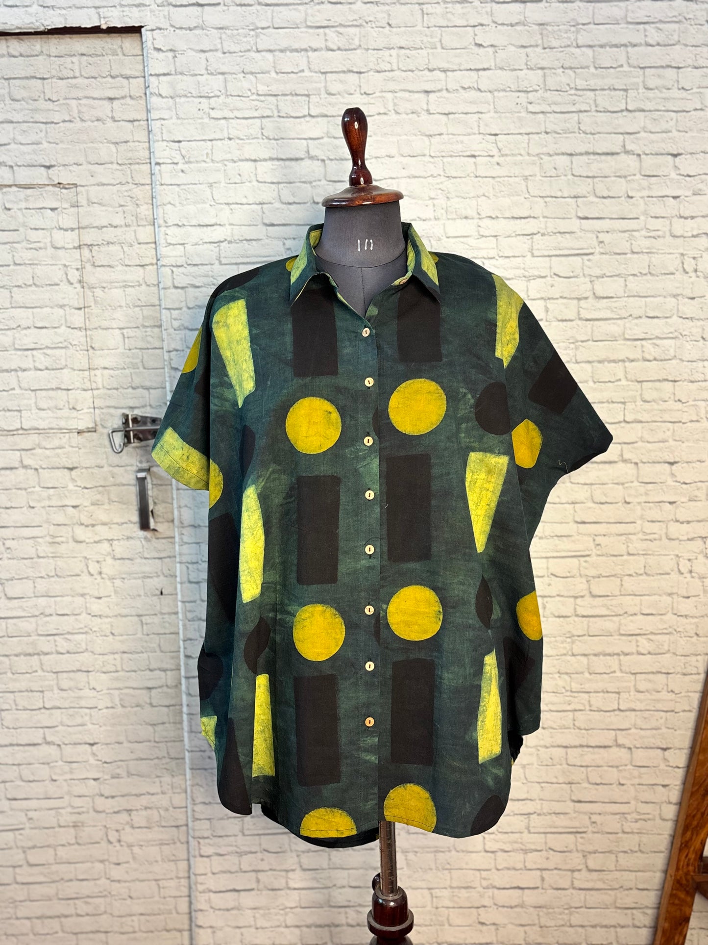 Green Yellow Geometric Ajrakh High Low Shirt Kaftan