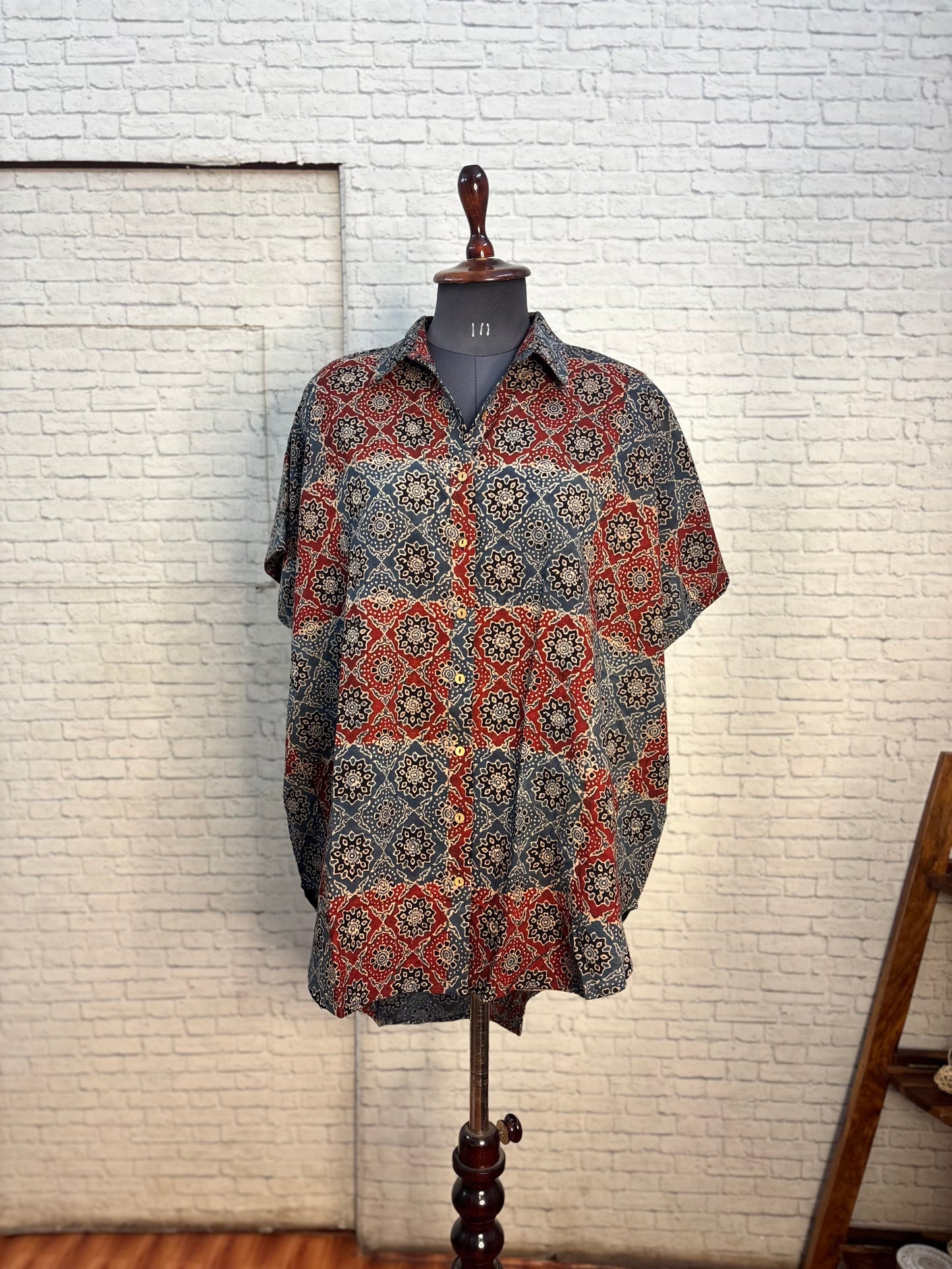 Indigo Red Ajrakh Cotton High Low Shirt Kaftan