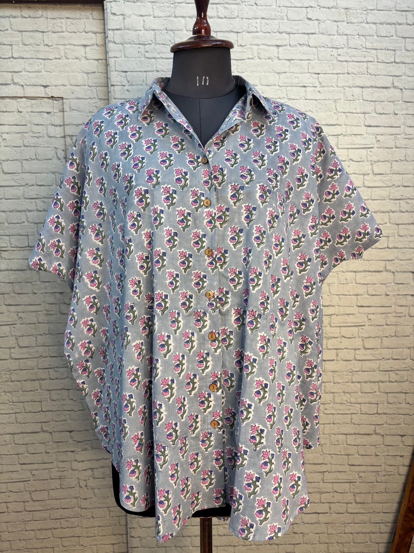 Grey Pink Hand Block Printed Cotton High Low Shirt Kaftan