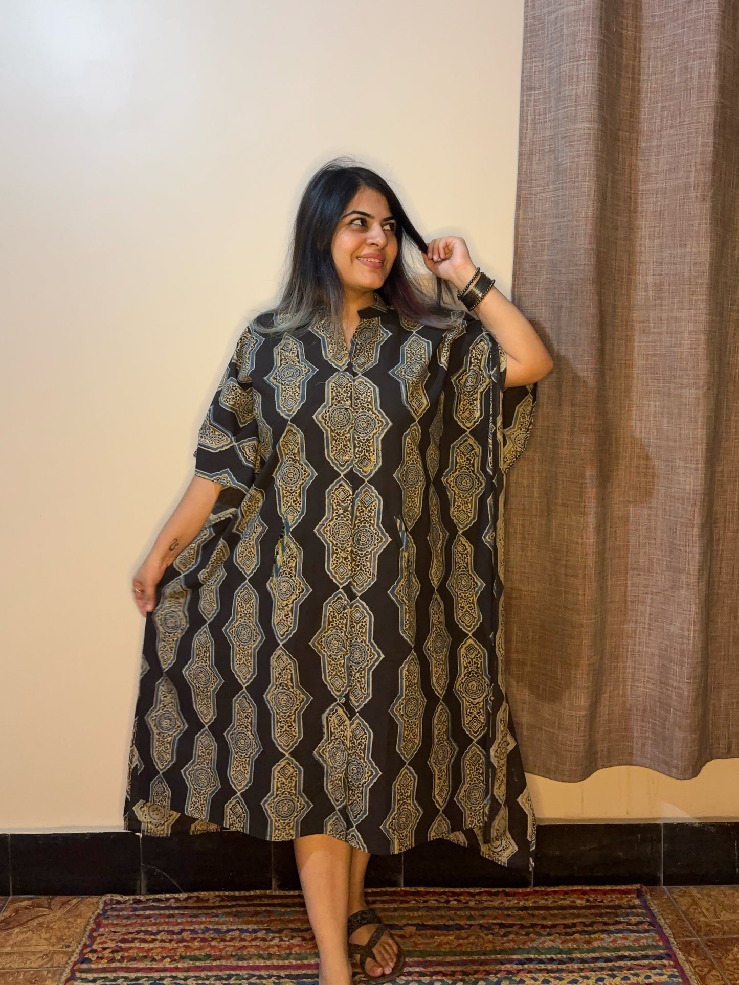 Black Olive Green High Low Midi Cotton Shirt Kaftan