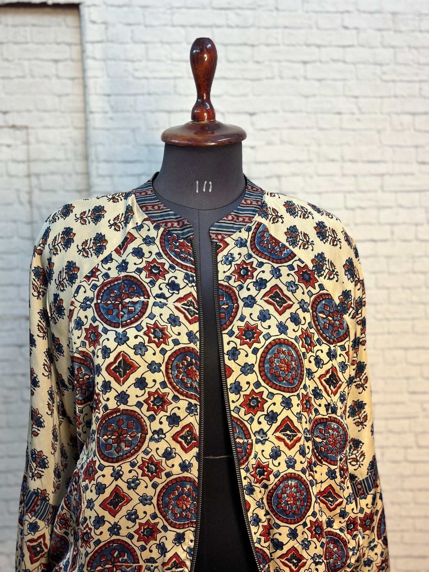 White Modal Silk Ajrakh Unisex Bomber Jacket