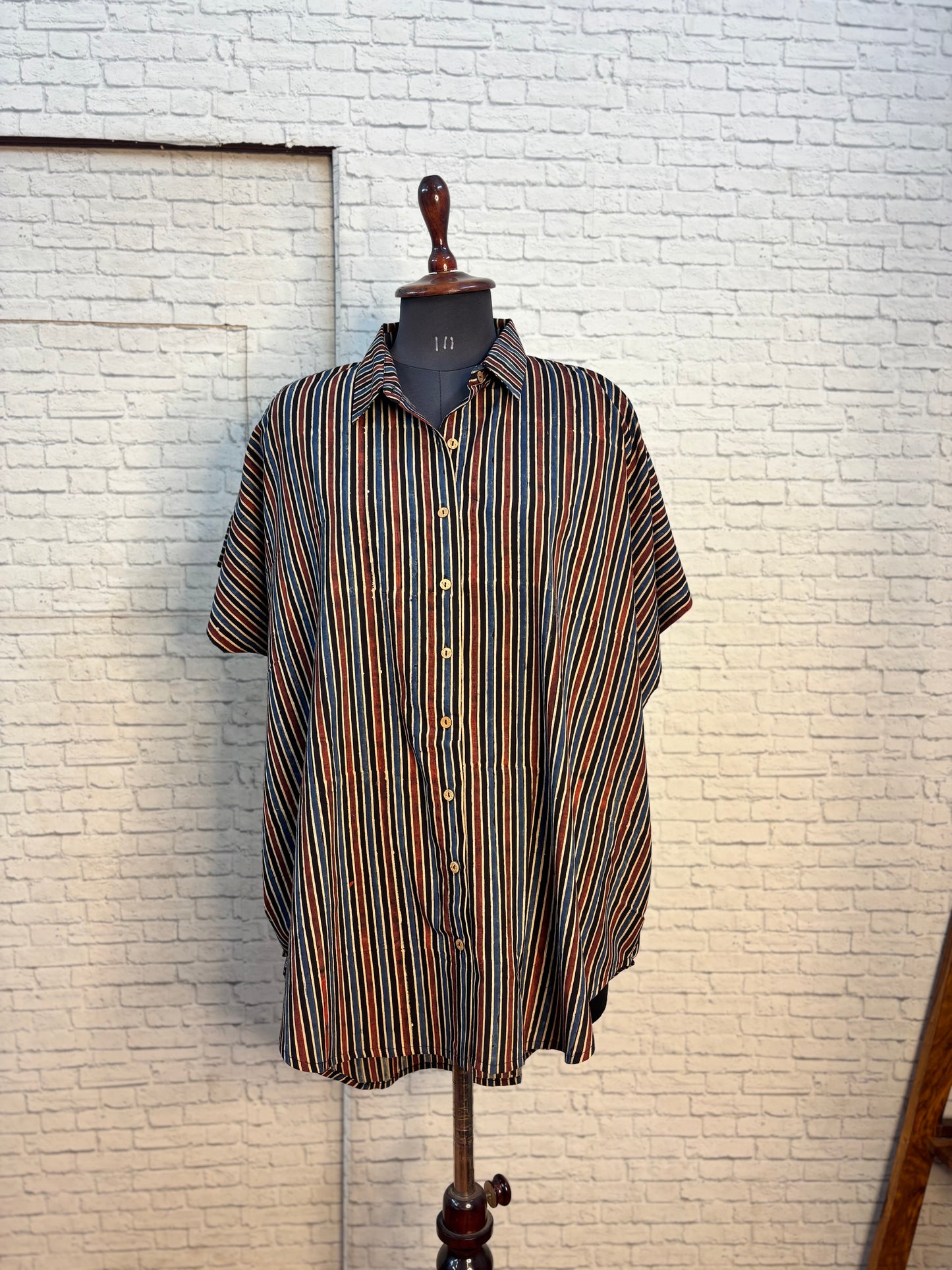 Black Red Stripes Ajrakh Cotton High Low Shirt Kaftan