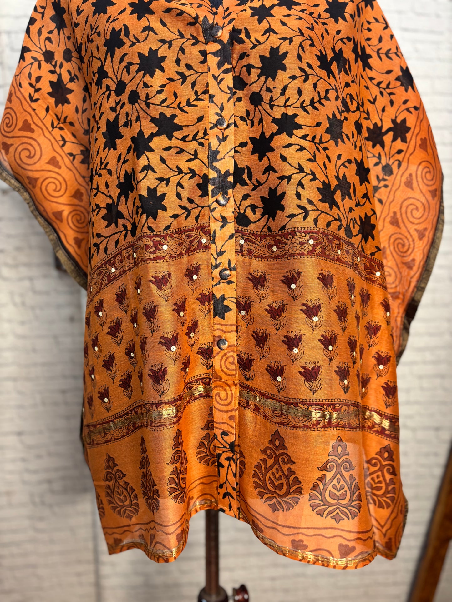 Orange Floral Hand Block Print Chanderi Shirt Kaftan with Sequin Detailing