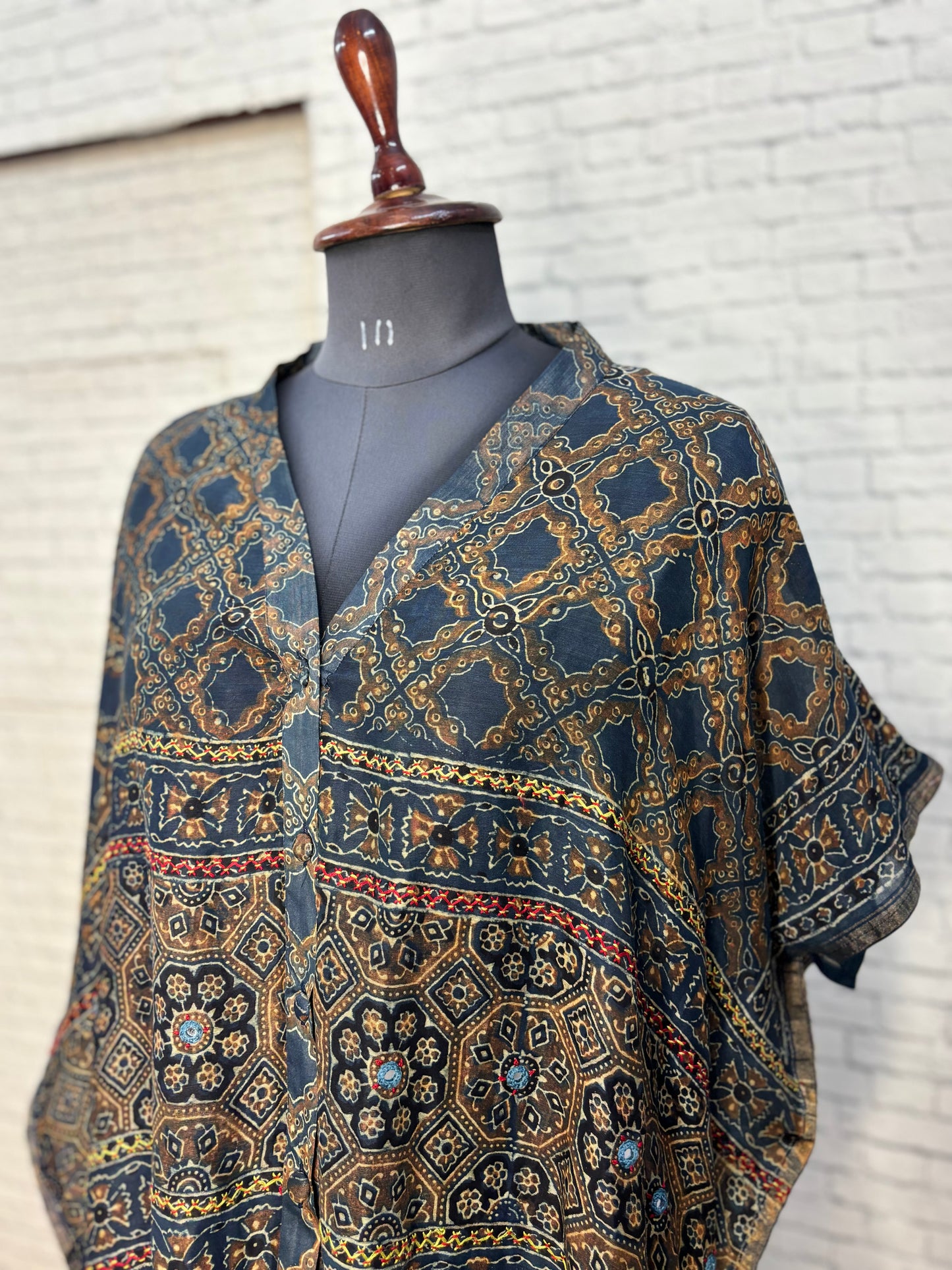 Indigo Red Ajrakh Chanderi Shirt Kaftan with Hand Embroidery