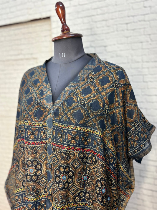 Indigo Red Ajrakh Chanderi Shirt Kaftan with Hand Embroidery