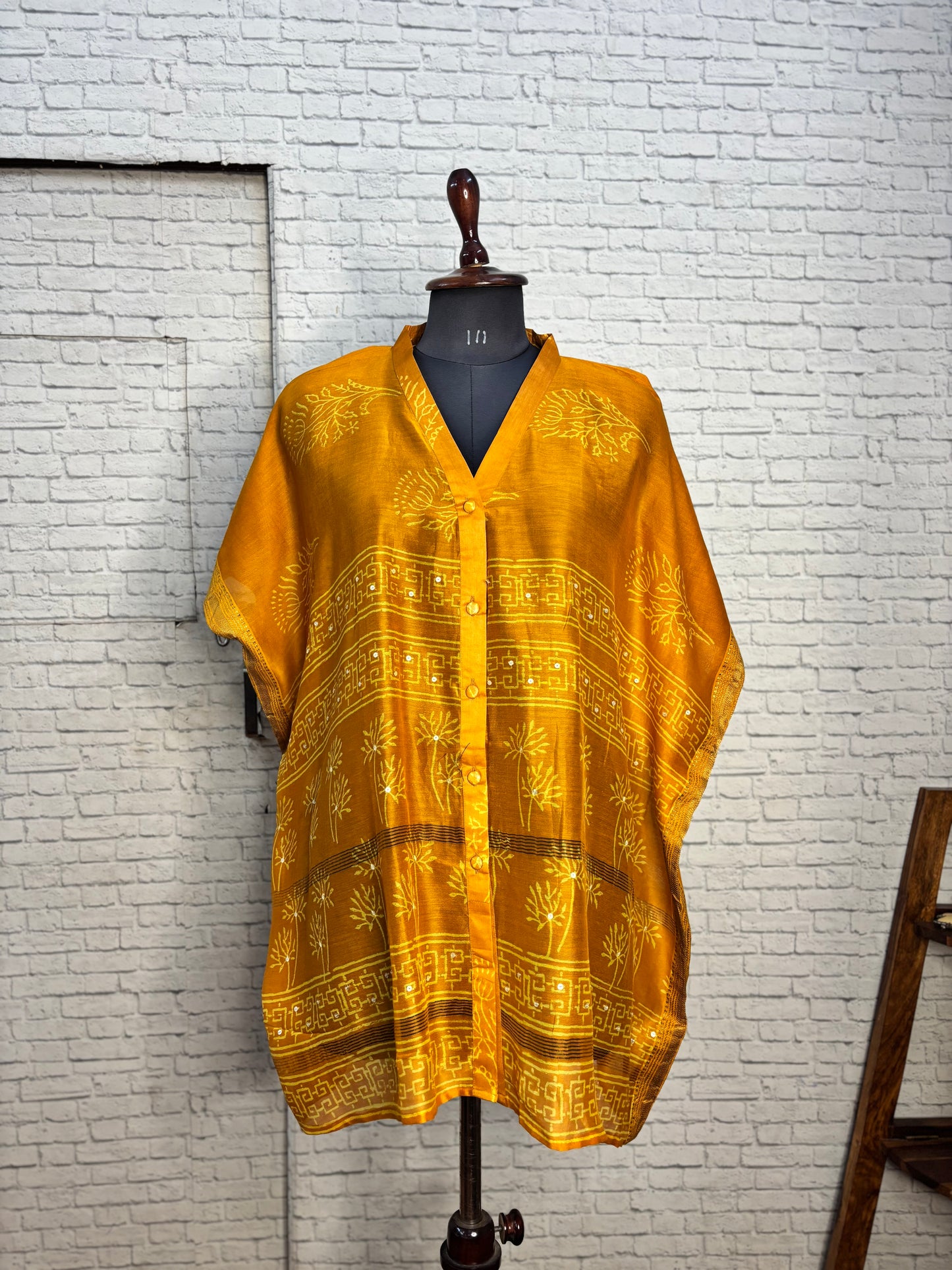 Yellow Hand Block Print Chanderi Shirt Kaftan with Sequin Detailing