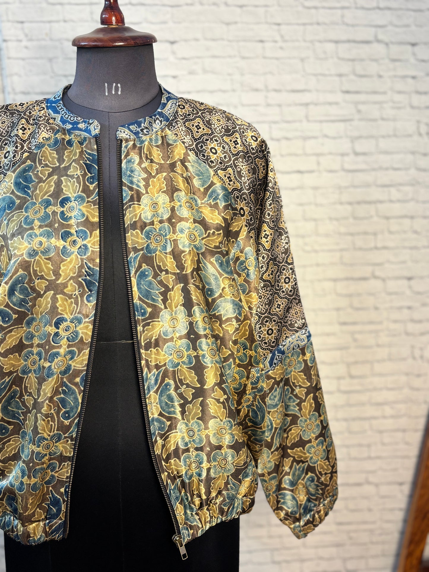 Brown Green Mashru Silk Ajrakh Unisex Bomber Jacket