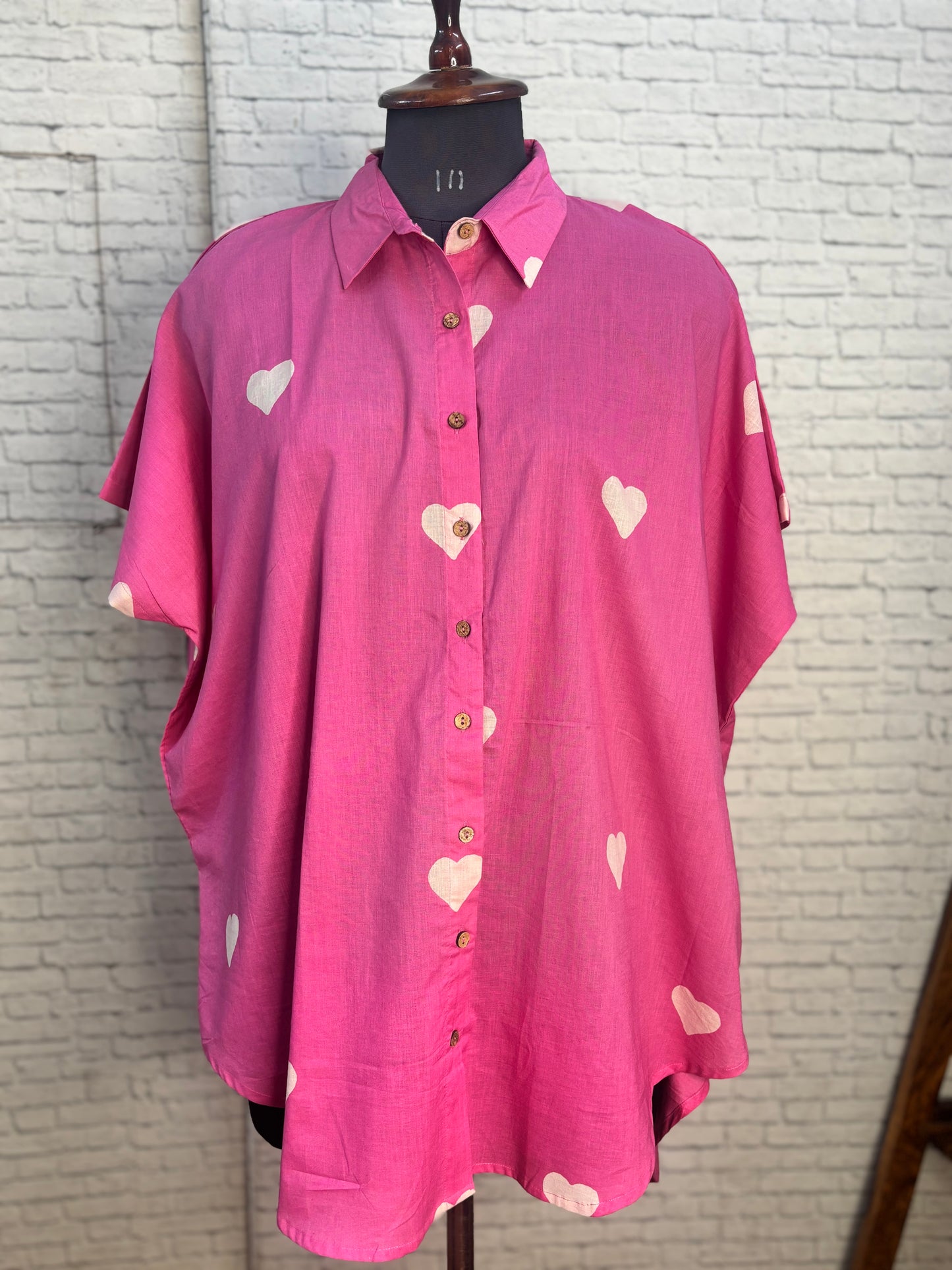 Pink Hearts Cotton High Low Shirt Kaftan