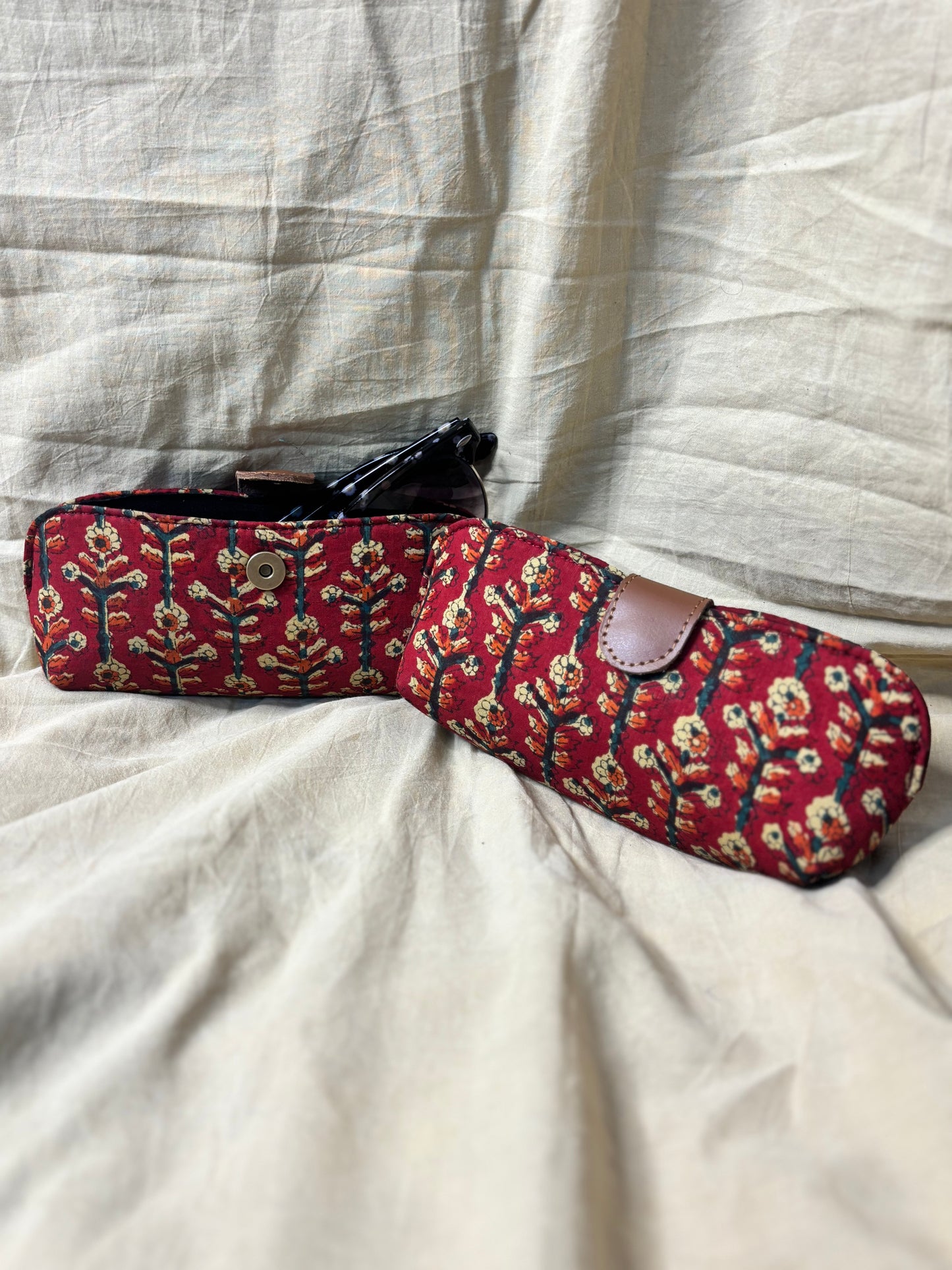 Deep Red Floral Hand Block Print Eyewear Case