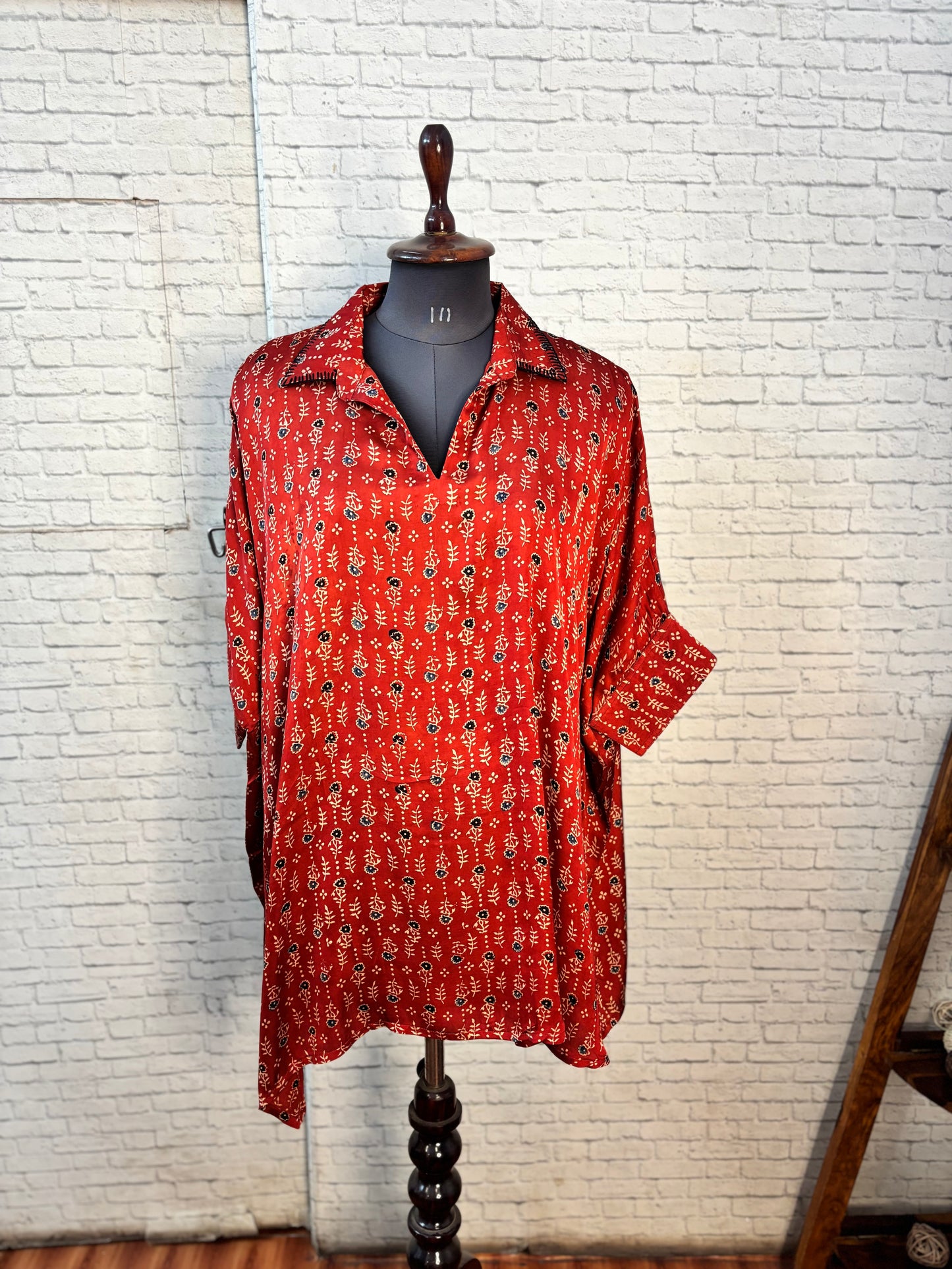 Red Flower Modal Silk Ajrakh Kaftan Top