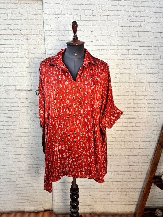 Red Flower Modal Silk Ajrakh Kaftan Top