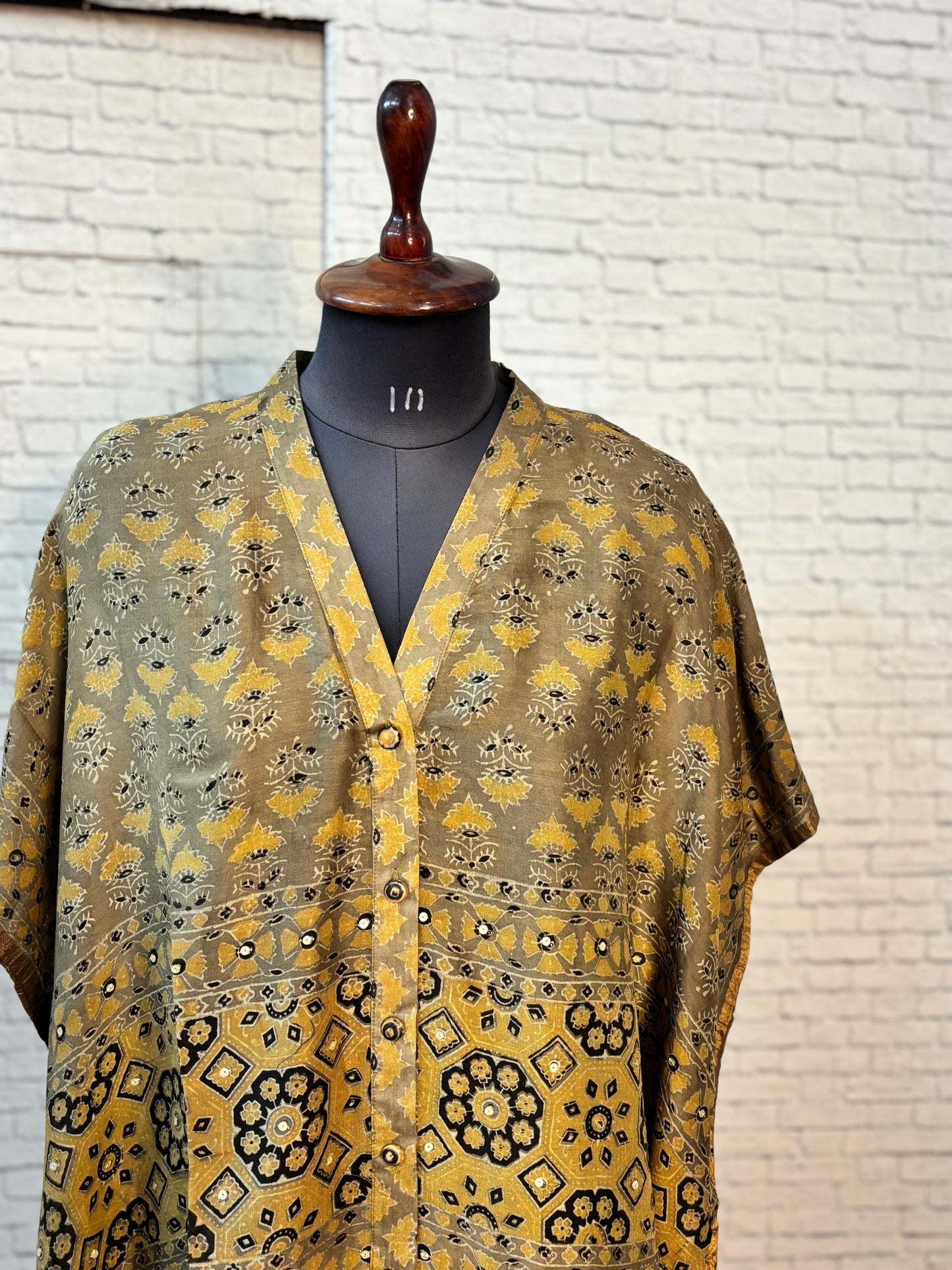 Kashish Yellow Ajrakh Chanderi Shirt Kaftan with Sequin Detailing
