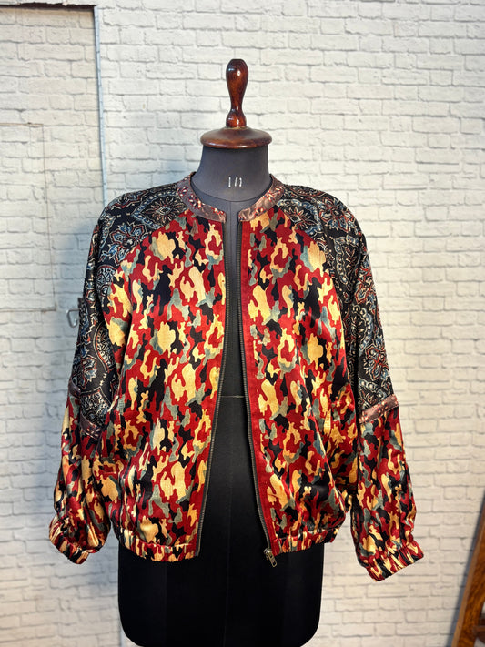 Red Black Mashru Silk Ajrakh Unisex Bomber Jacket