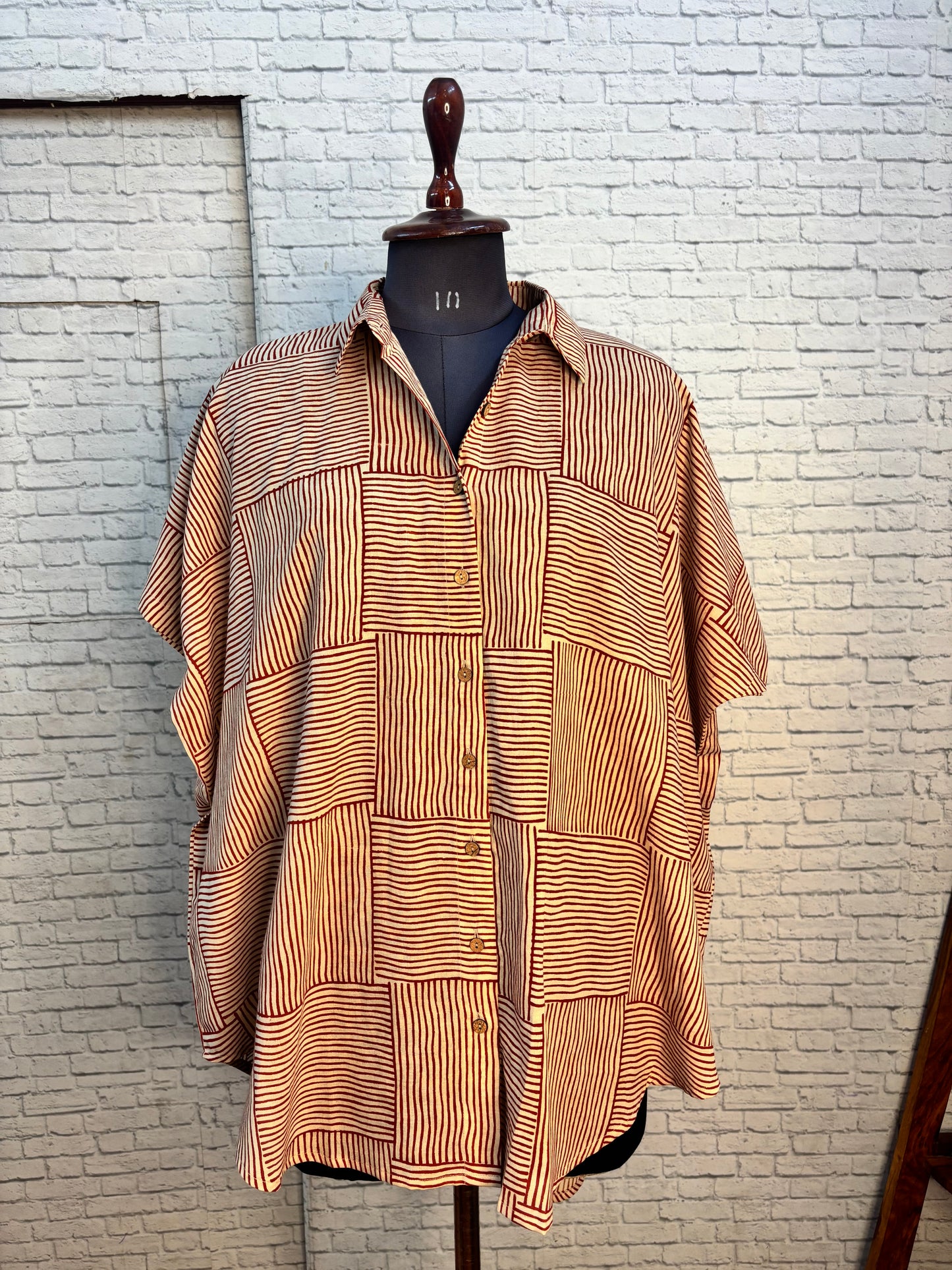 White Red Maze Hand Block Printed Cotton High Low Shirt Kaftan