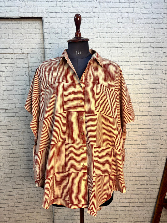 White Red Maze Hand Block Printed Cotton High Low Shirt Kaftan