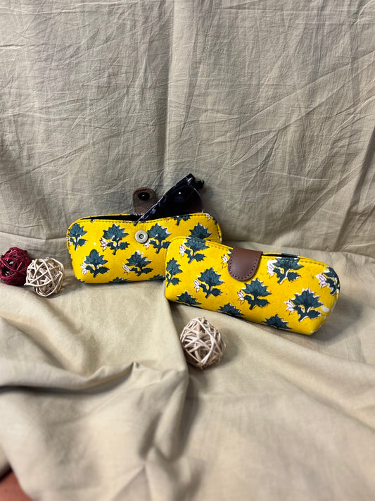 Yellow Green Hand Block Print Eyewear Case