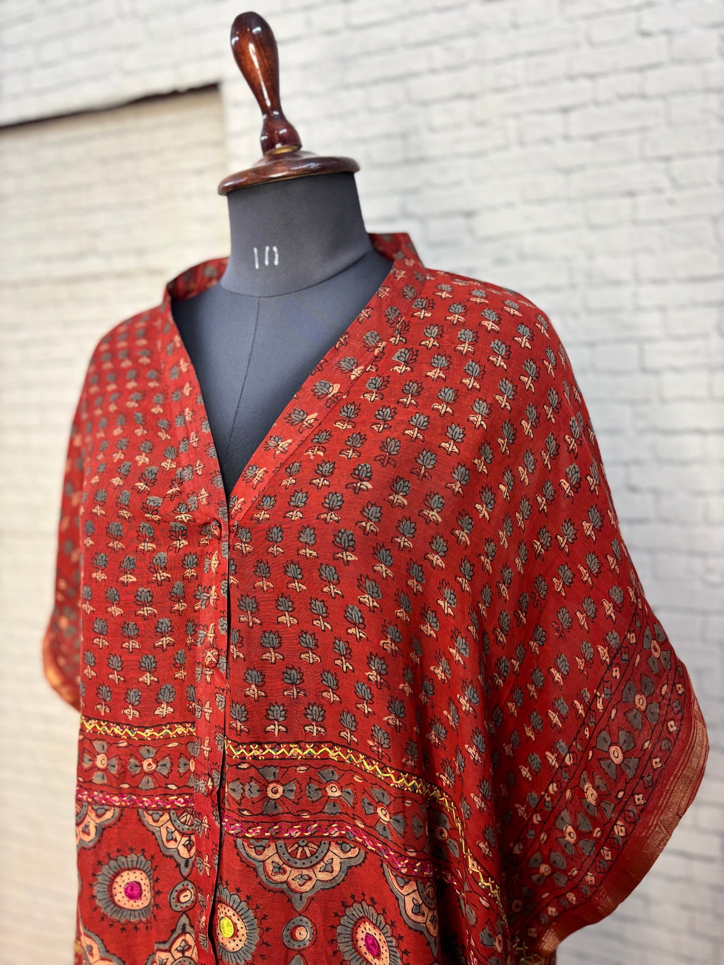 Red Ajrakh Chanderi Shirt Kaftan with Hand Embroidery