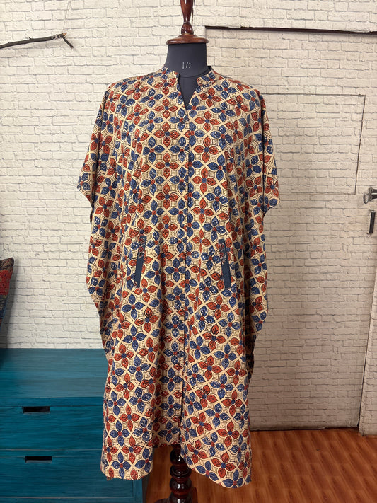 Red Blue Flowers High Low Midi Cotton Shirt Kaftan