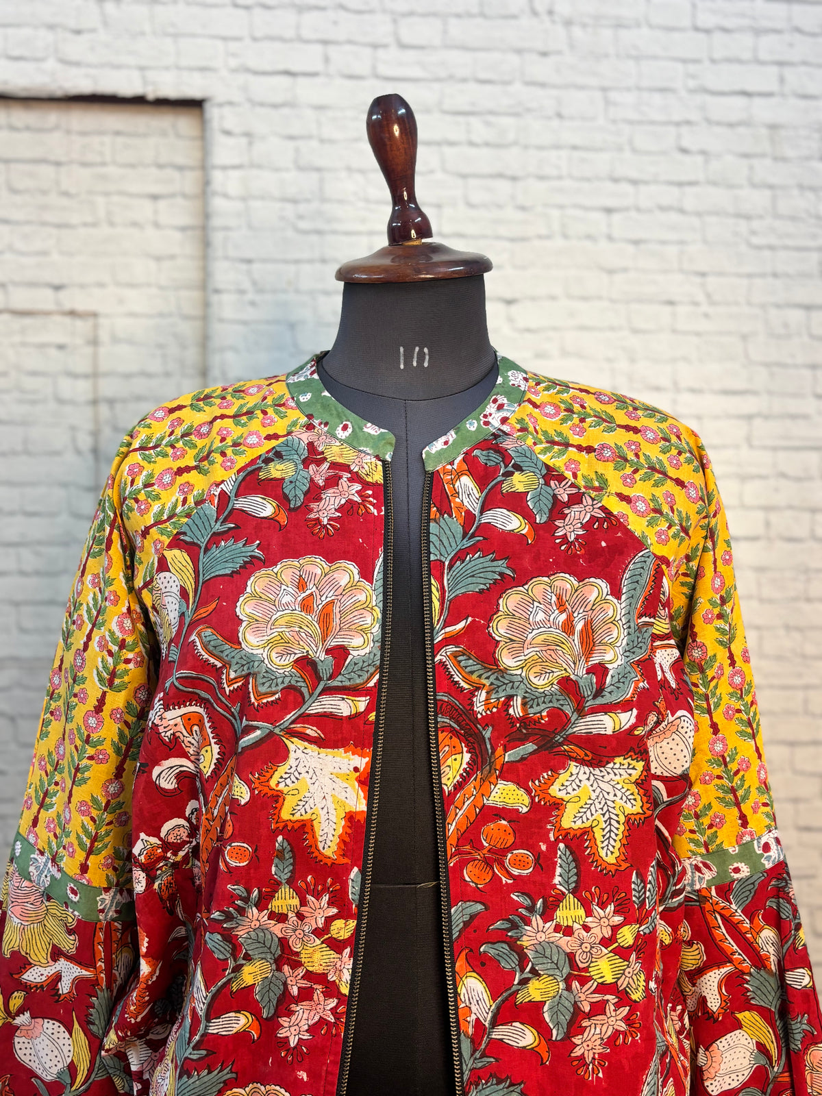 Red Yellow Hand Block Printed Unisex Bomber Jacket