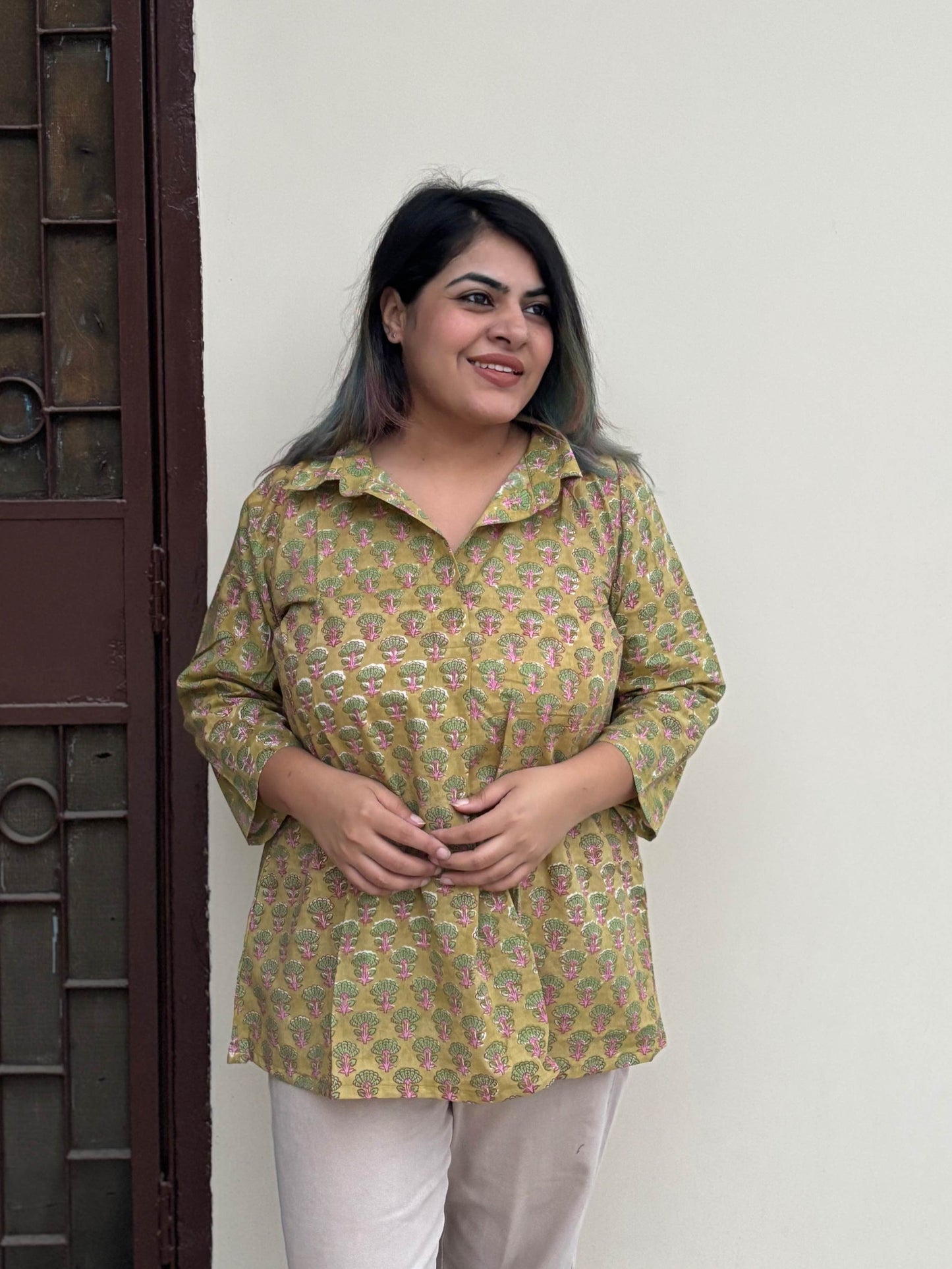 Green Pink Hand Block Printed A Line Relaxed Fit Collar Top