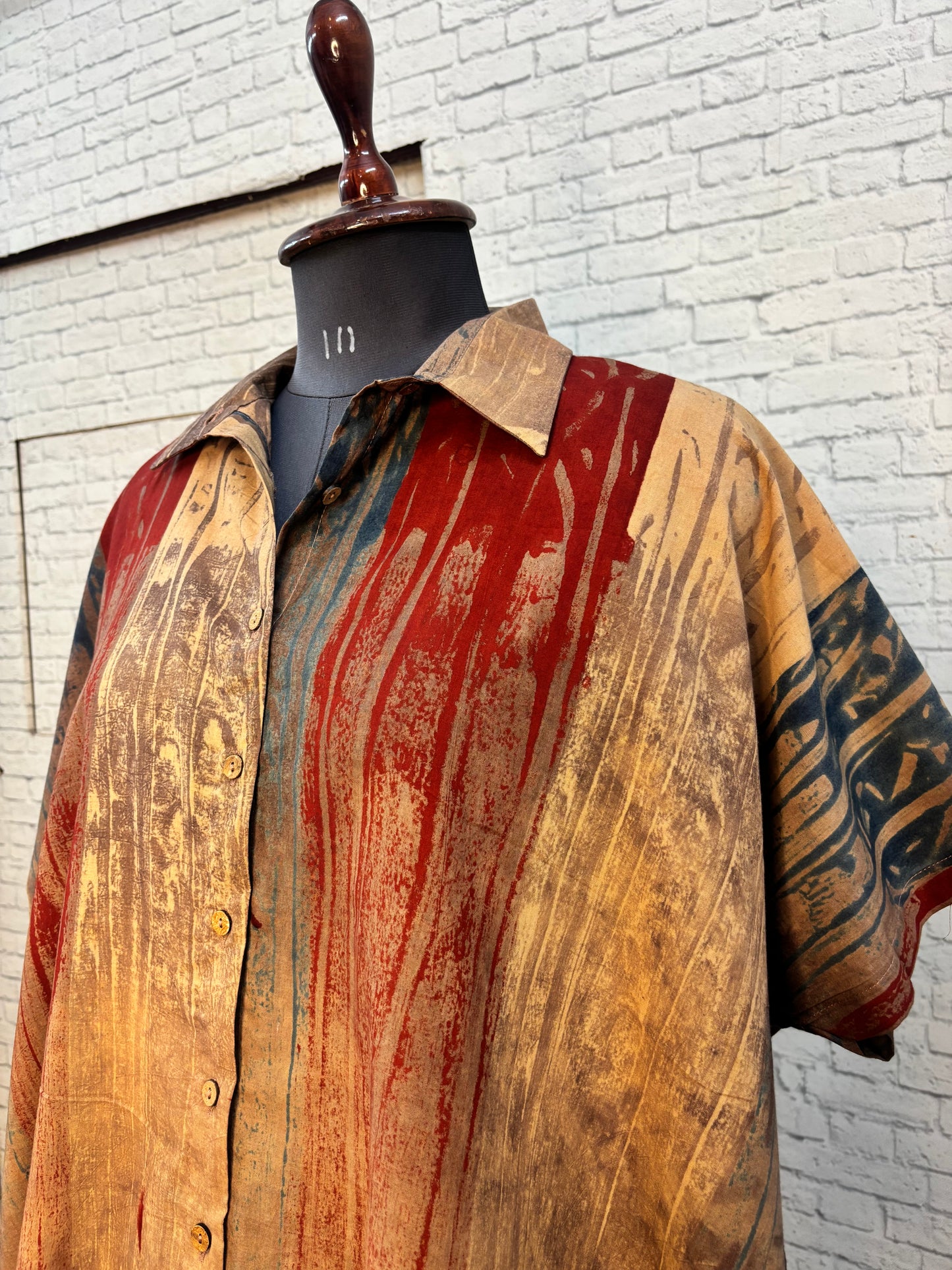 Kashish Red Brush Ajrakh Cotton High Low Shirt Kaftan