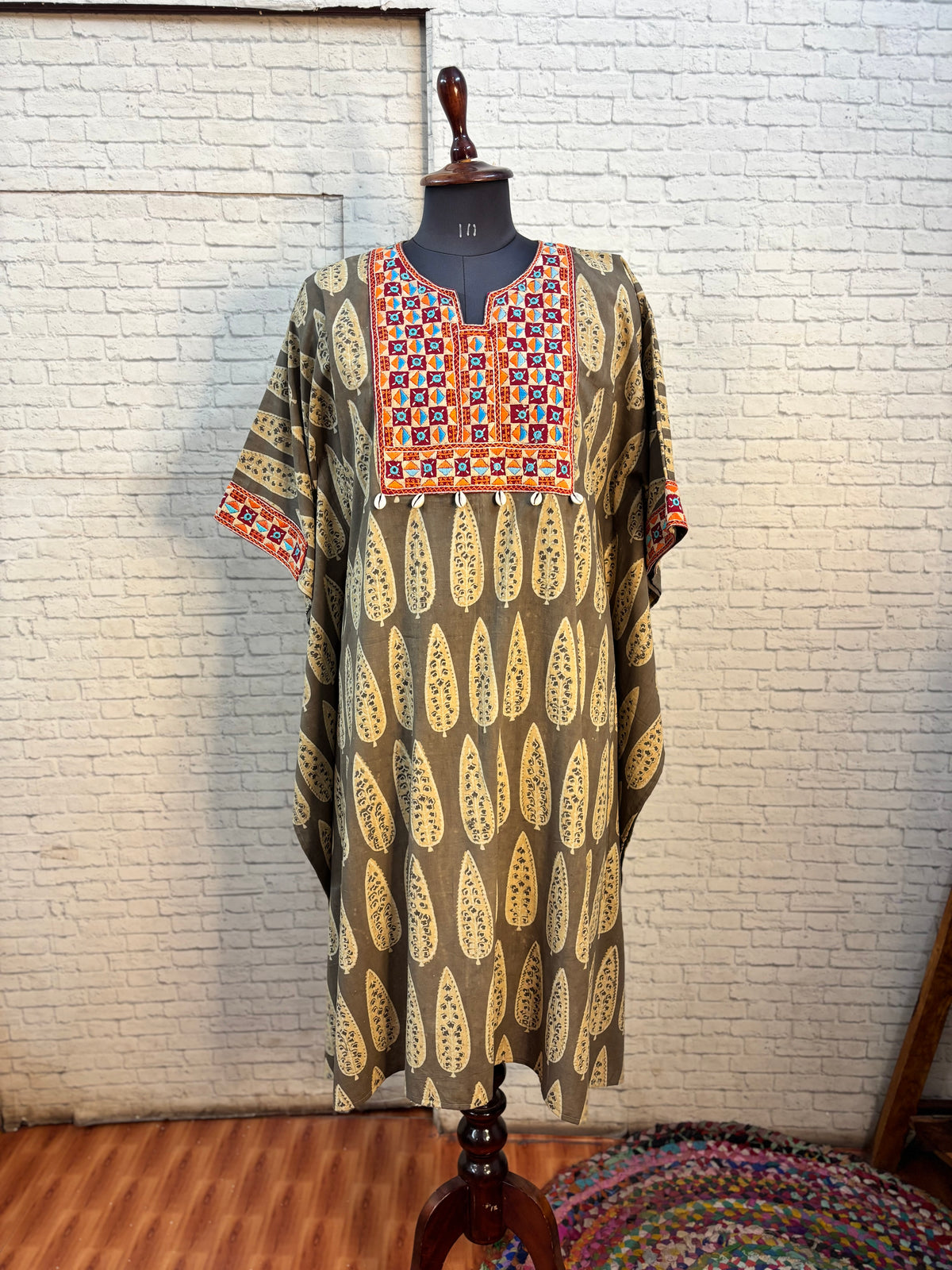 Kashish Feathers Ajrakh Hand Embroidered Patch Kaftan