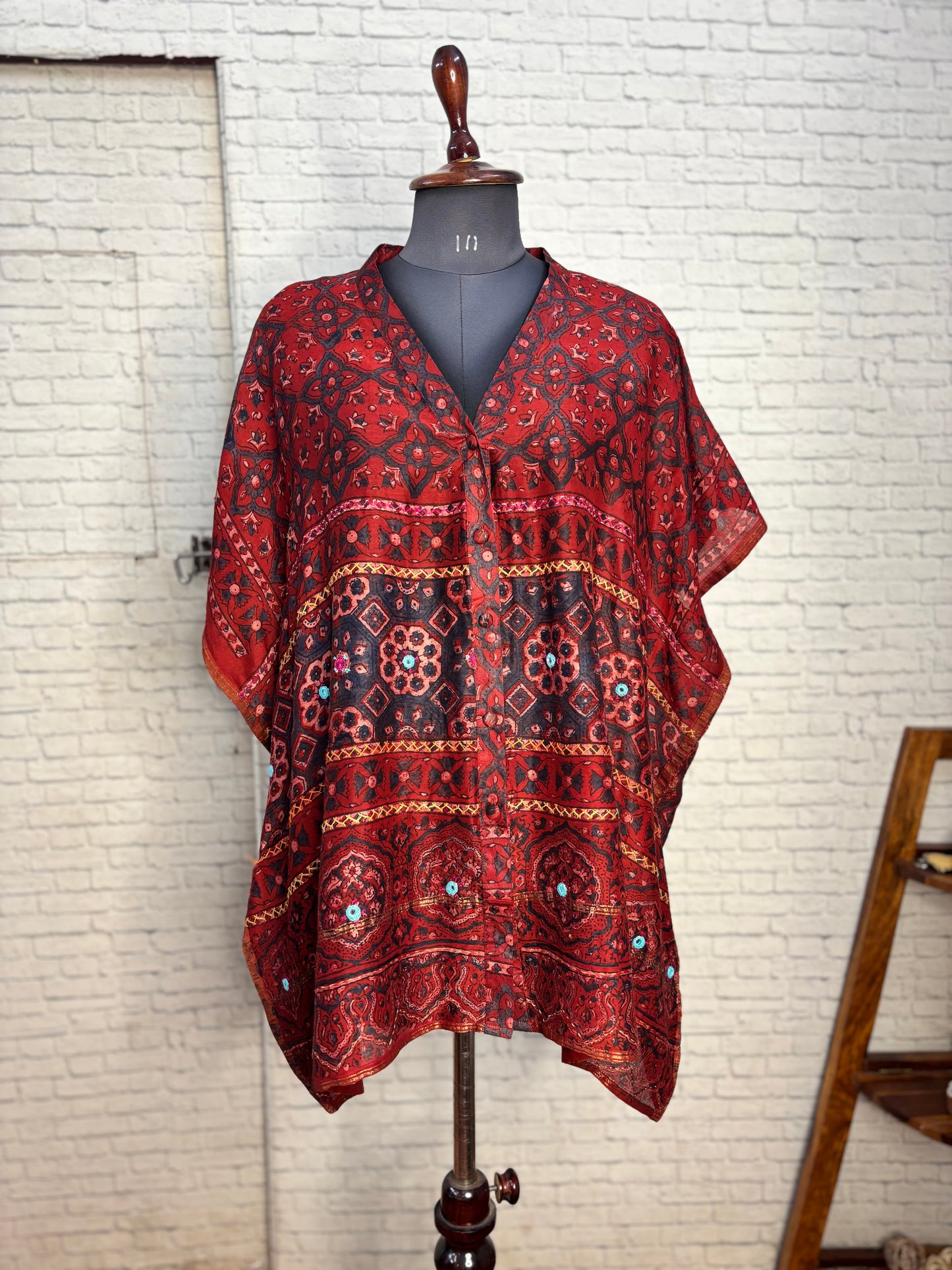 Red Ajrakh Chanderi Shirt Kaftan with Hand Embroidery