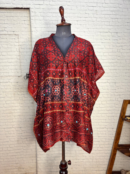 Red Ajrakh Chanderi Shirt Kaftan with Hand Embroidery