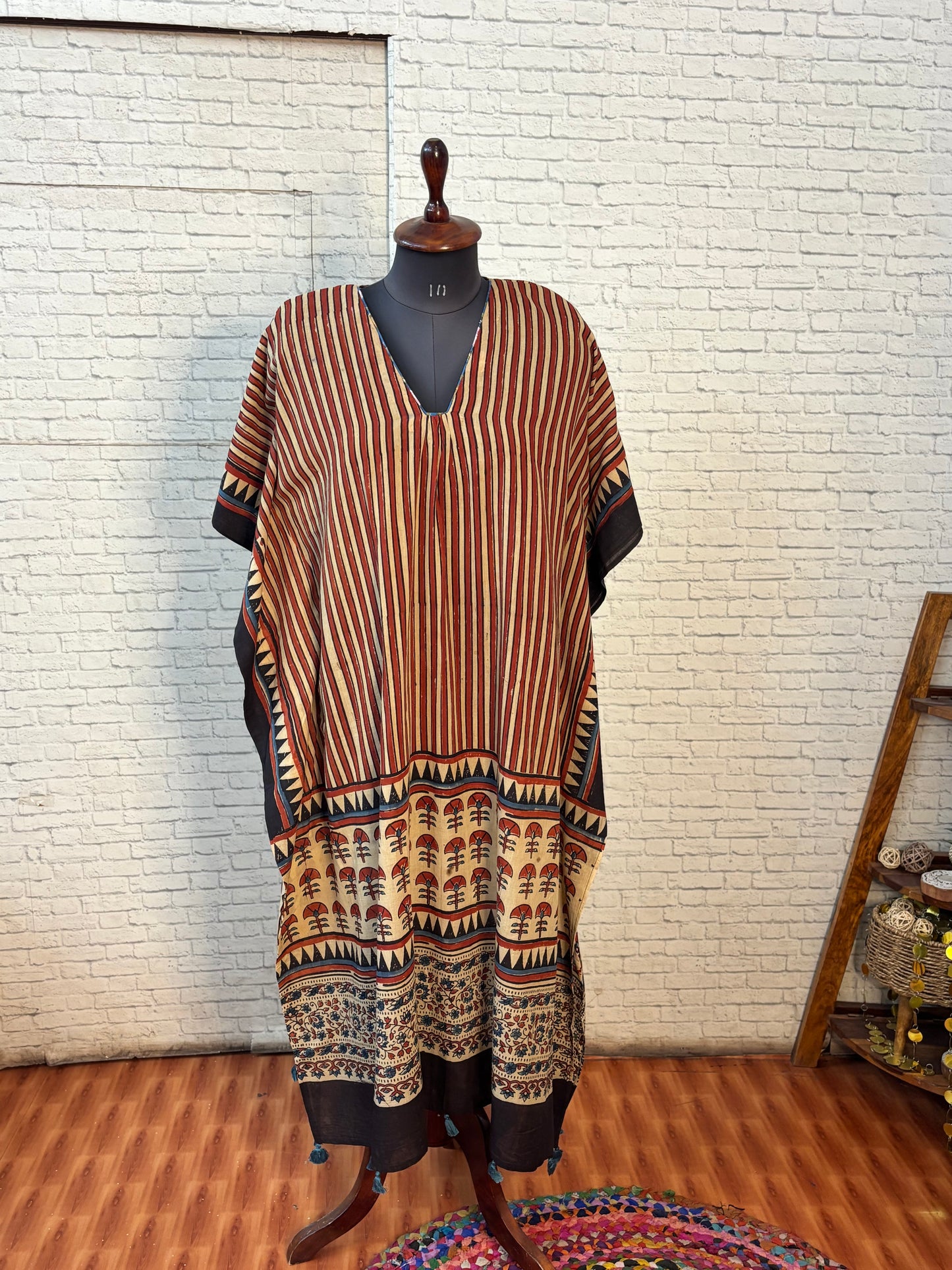 Red White Ajrakh Long Kaftan with Gather and Tassels