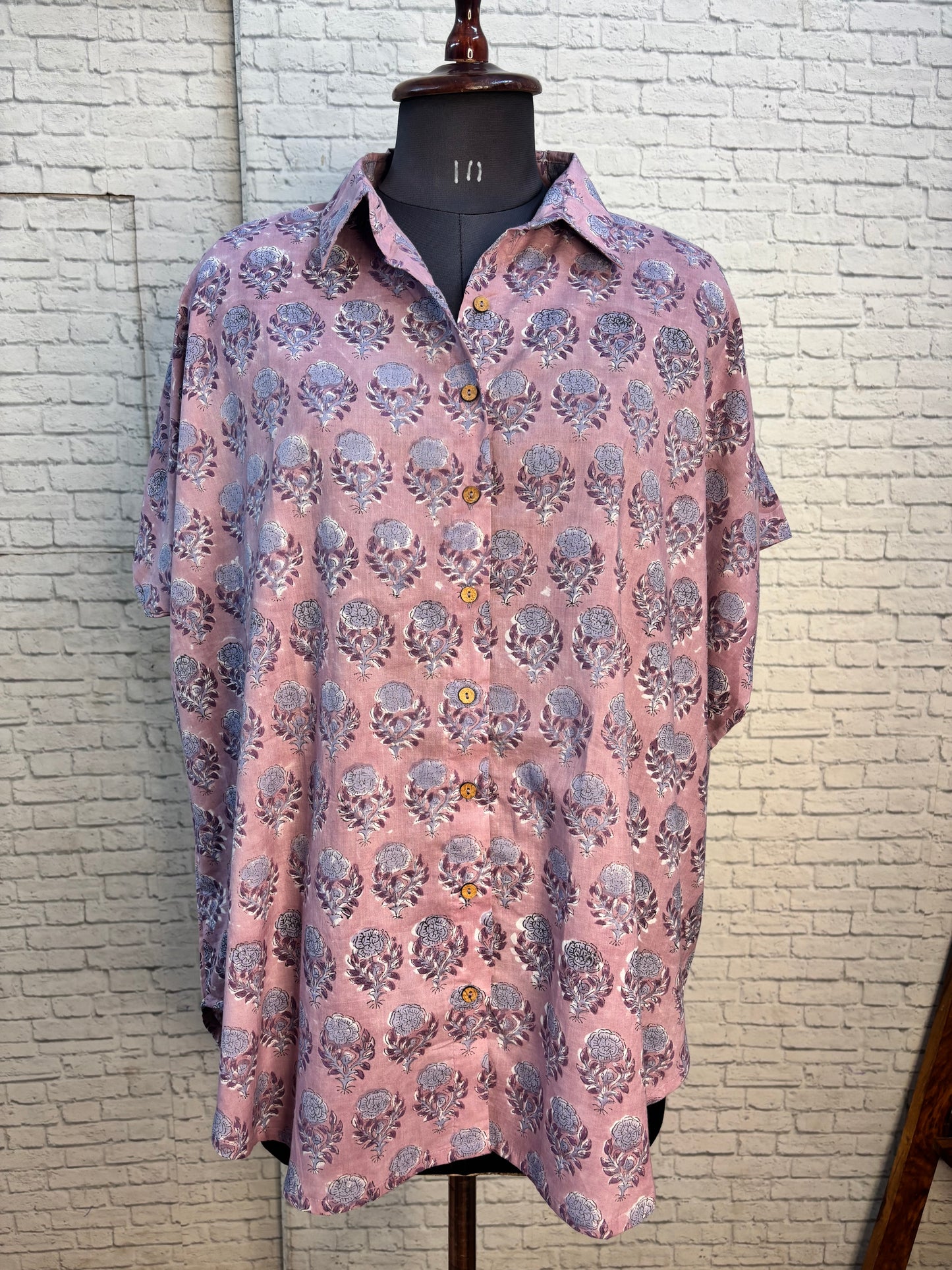 Lilac Flowers Hand Block Printed Cotton High Low Shirt Kaftan