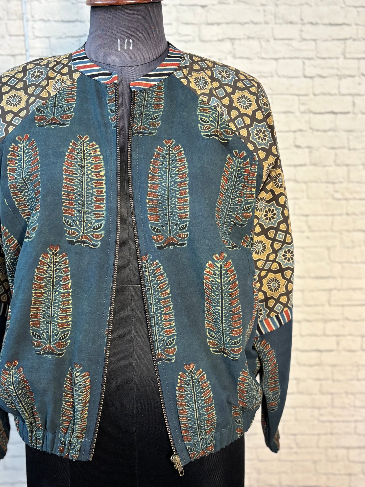 Green Brown Hand Block Printed Unisex Bomber Jacket