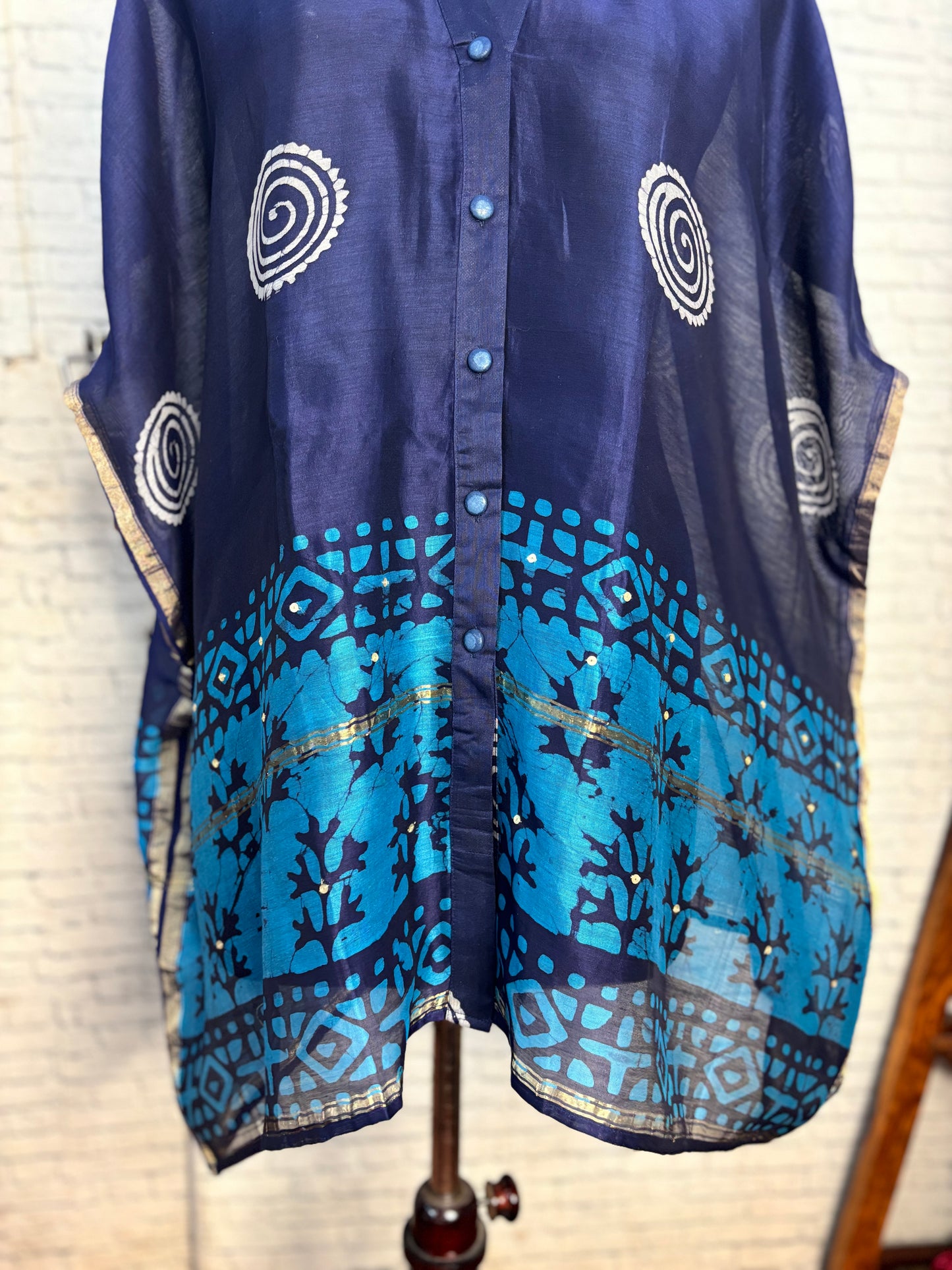 Blue Batik Chanderi Shirt Kaftan with Sequin Detailing