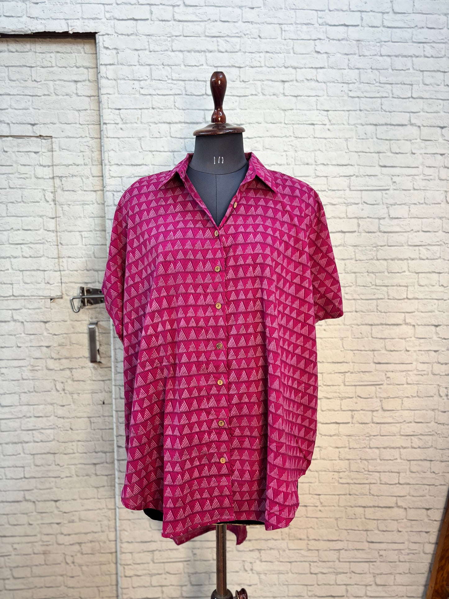 Pink Triangles Hand Block Printed Cotton High Low Shirt Kaftan