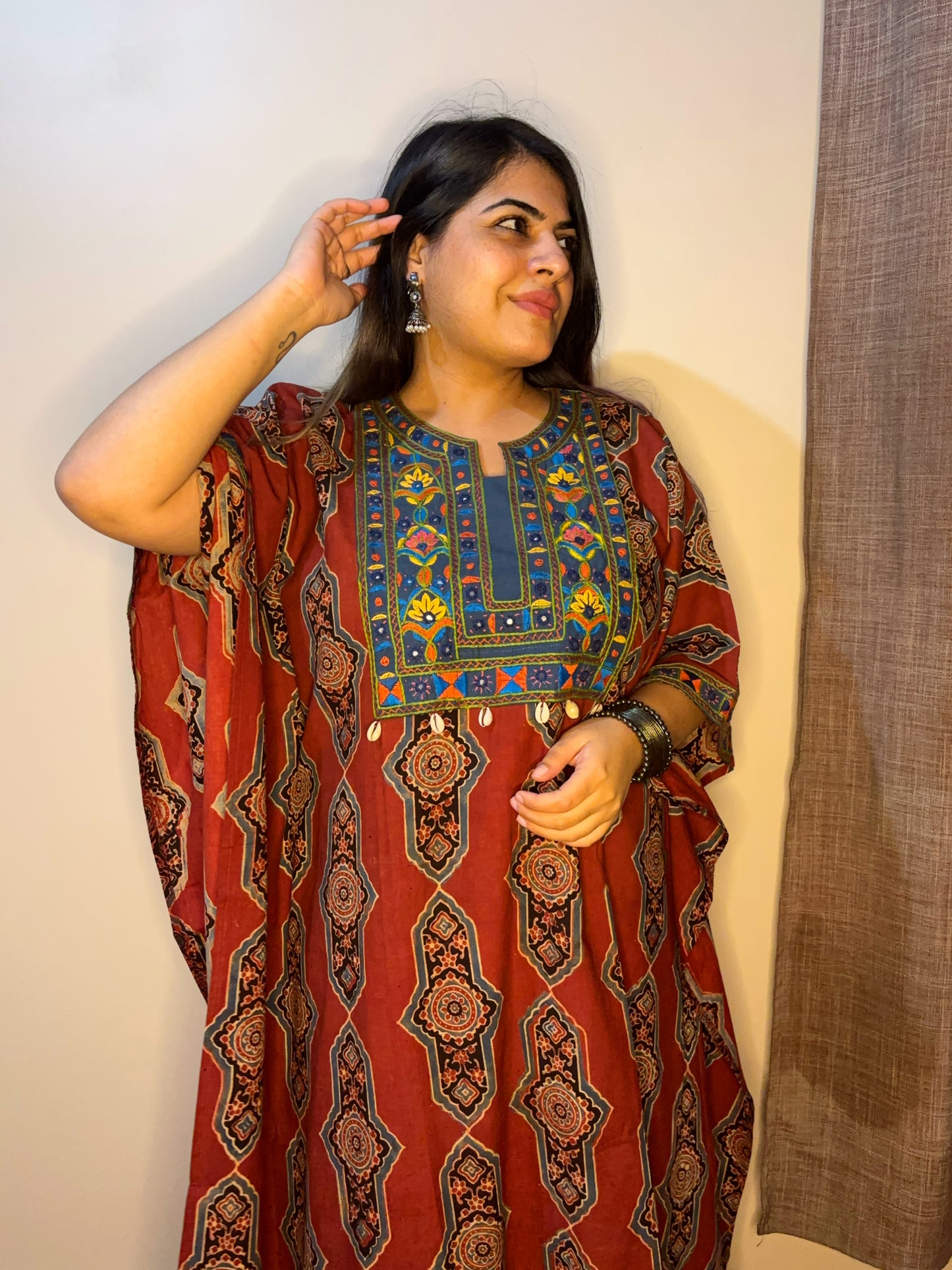 Red Ajrakh Hand Embroidered Patch Kaftan