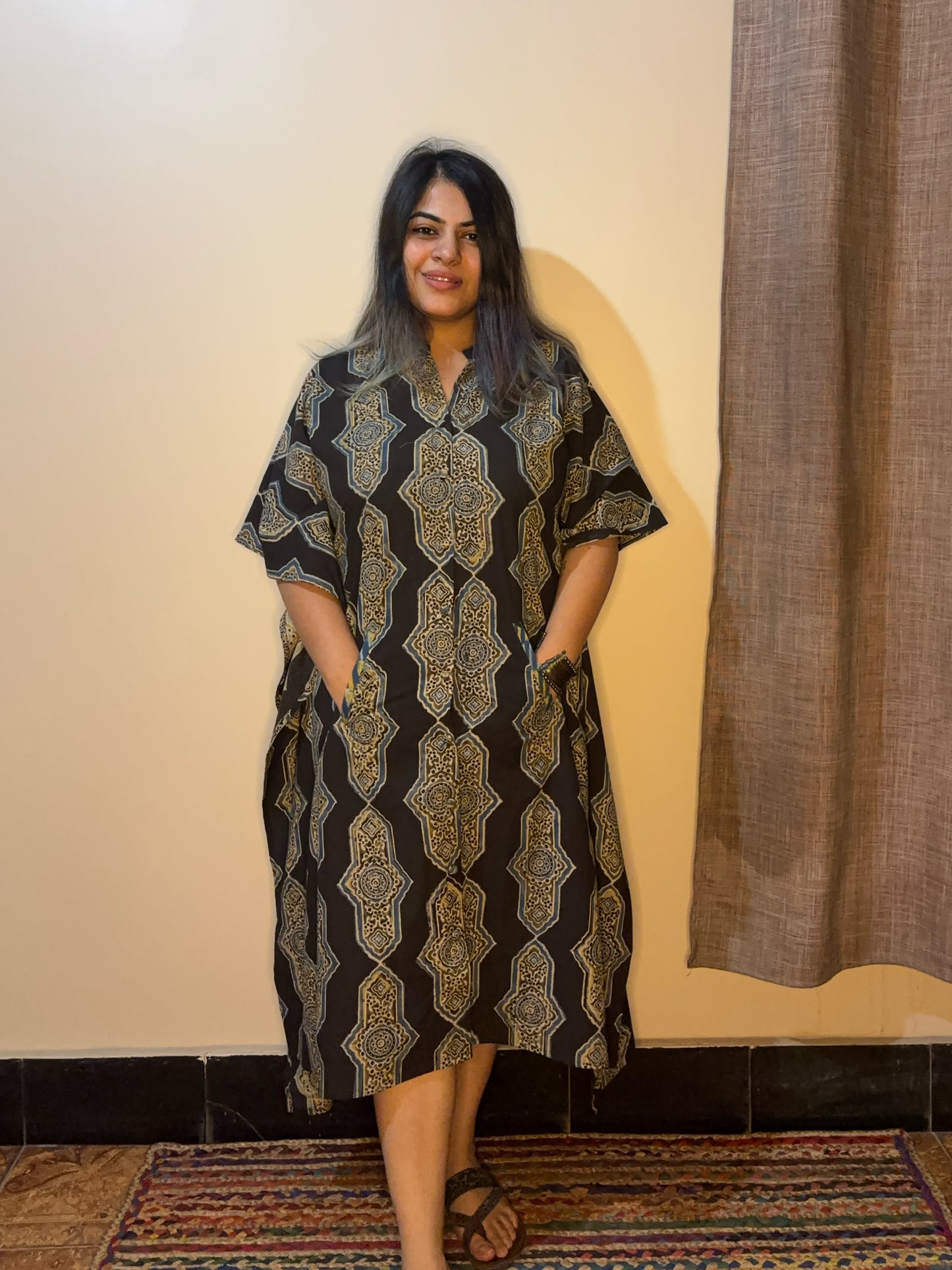 Black Olive Green High Low Midi Cotton Shirt Kaftan
