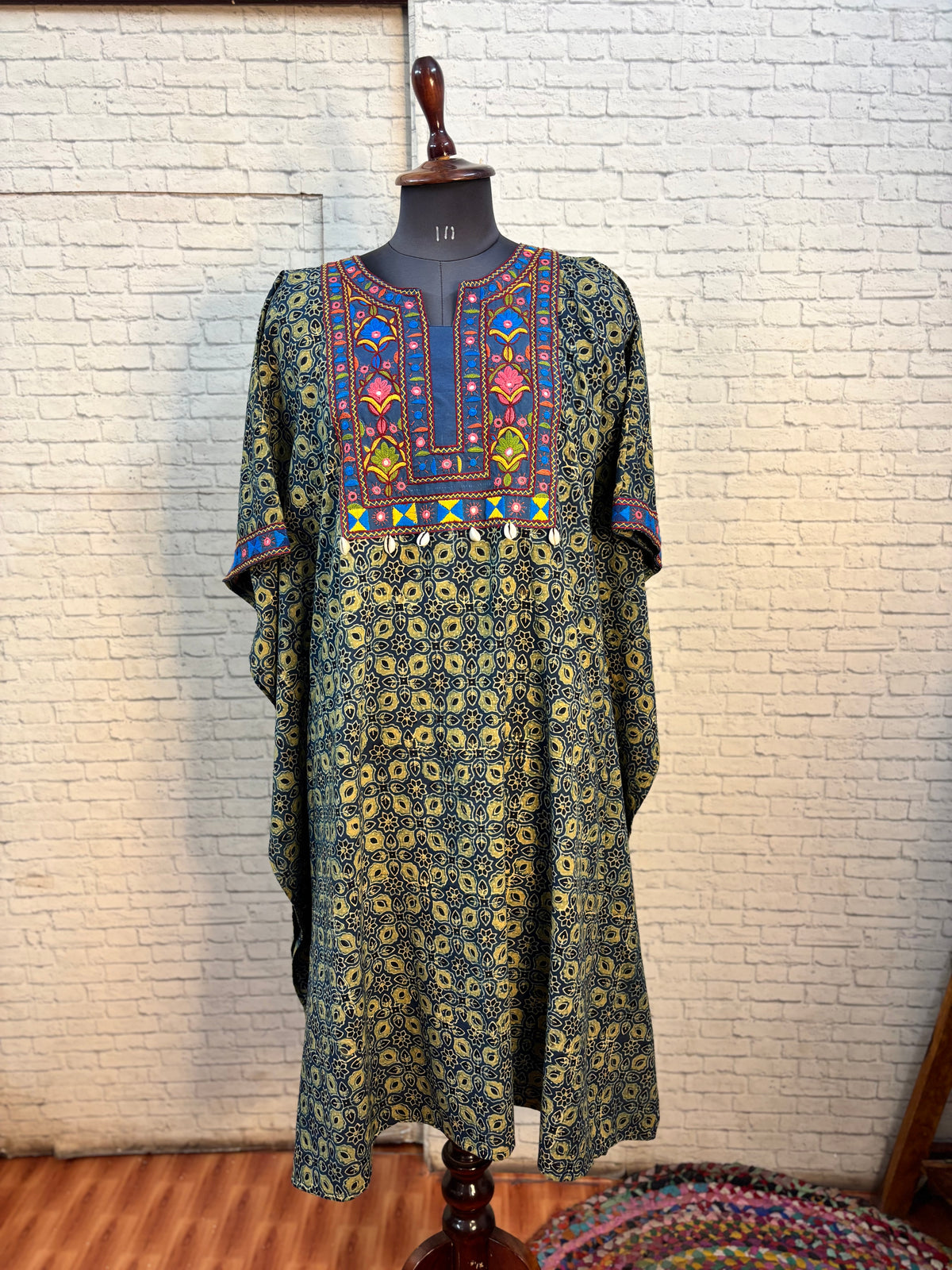 Indigo Green Ajrakh Hand Embroidered Patch Kaftan