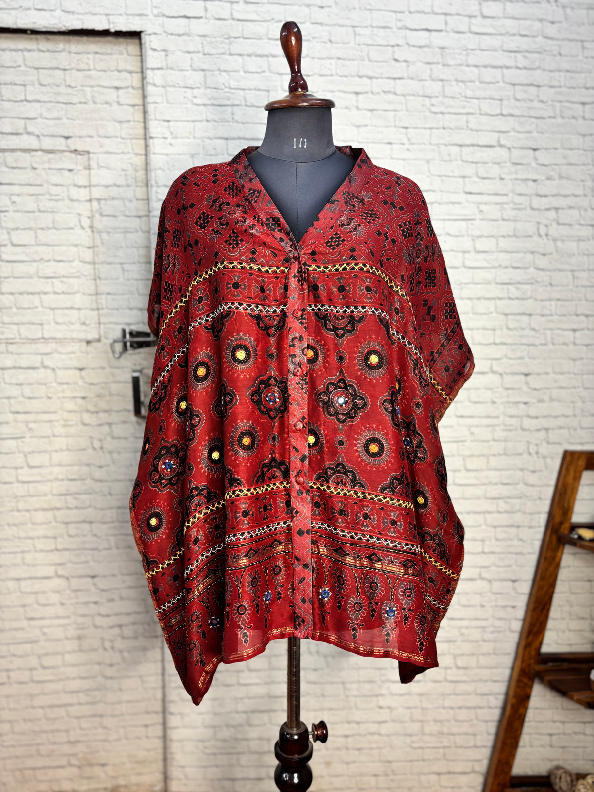 Red Ajrakh Chanderi Shirt Kaftan with Hand Embroidery