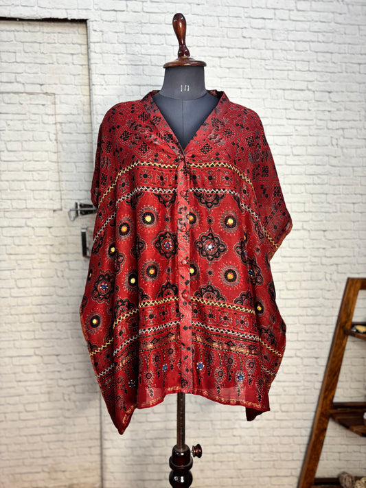Red Ajrakh Chanderi Shirt Kaftan with Hand Embroidery