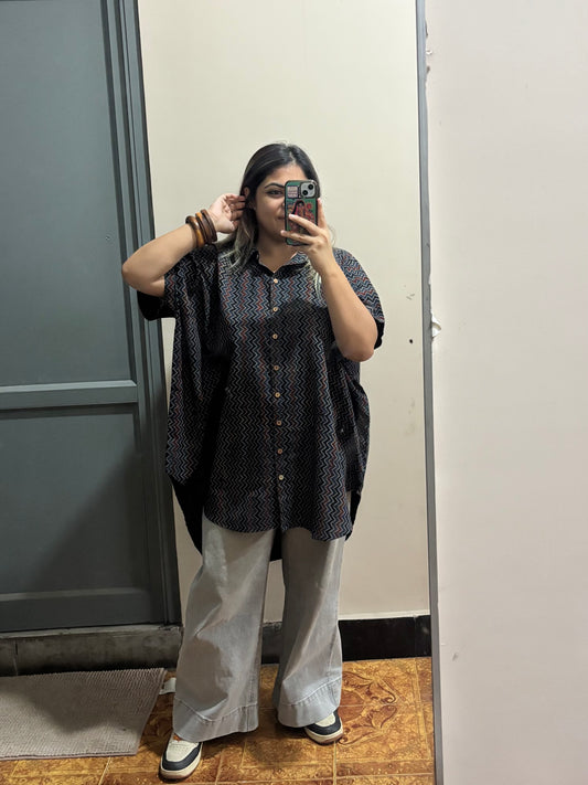 Indigo Zig Zag Ajrakh High Low Shirt Kaftan