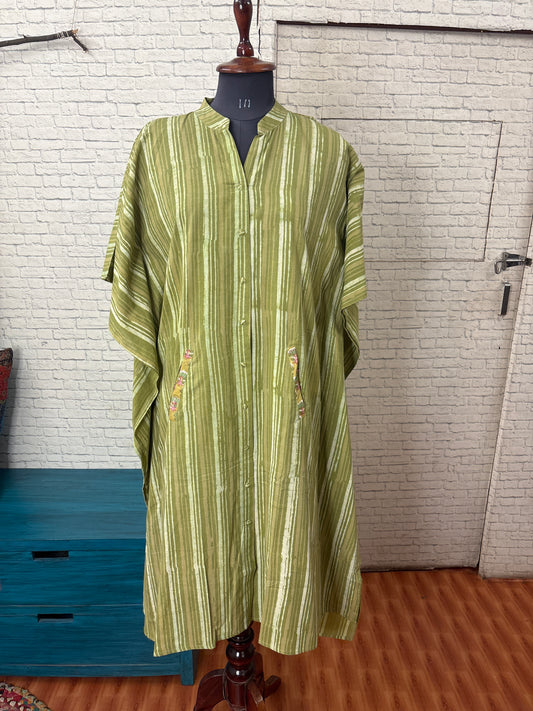 Green Dabu Stripes High Low Midi Cotton Shirt Kaftan