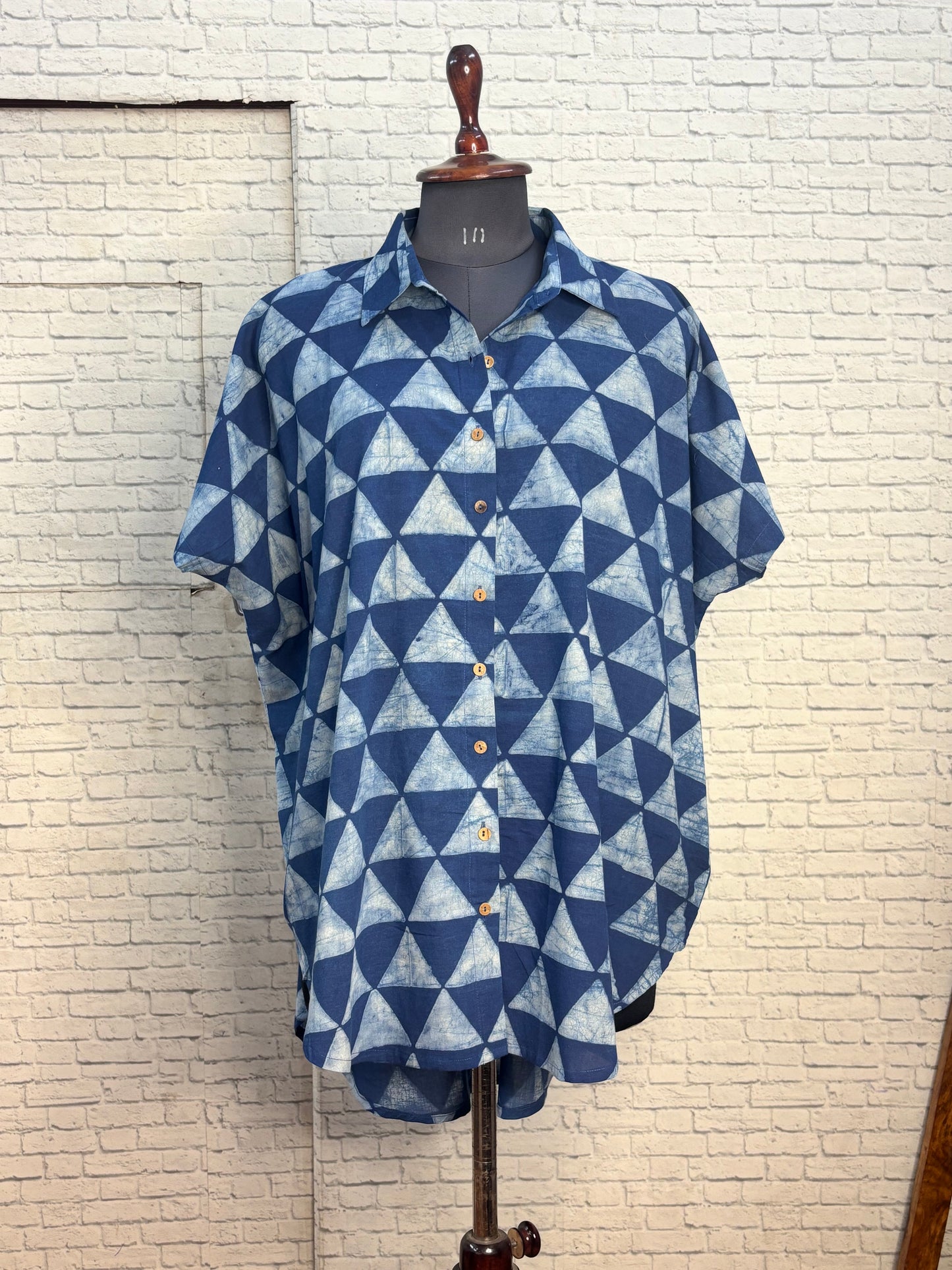 Indigo White Triangles Cotton High Low Shirt Kaftan