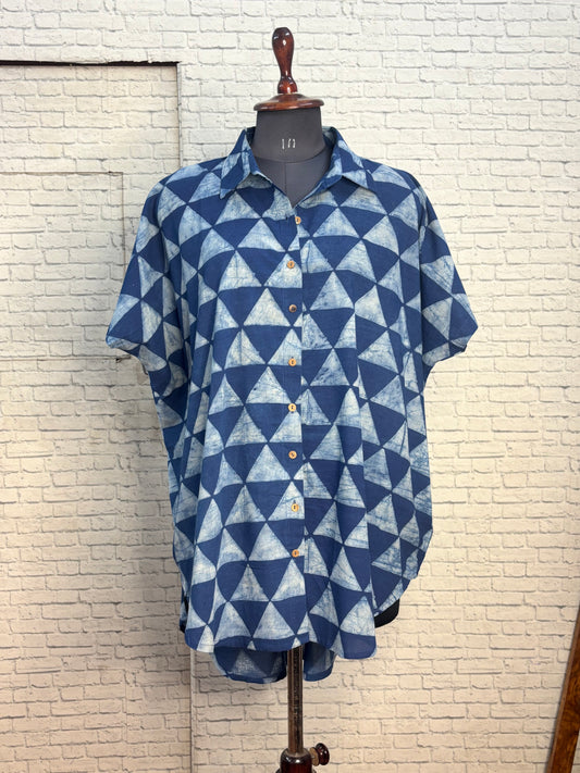 Indigo White Triangles Cotton High Low Shirt Kaftan