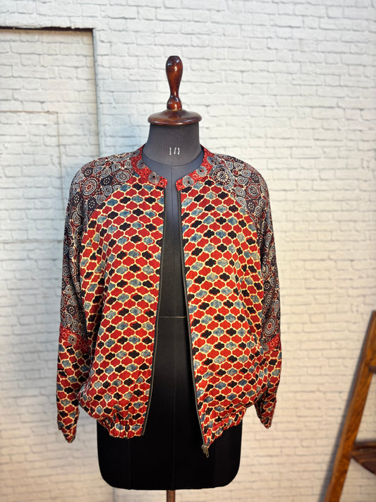 Red Black Modal Silk Ajrakh Unisex Bomber Jacket