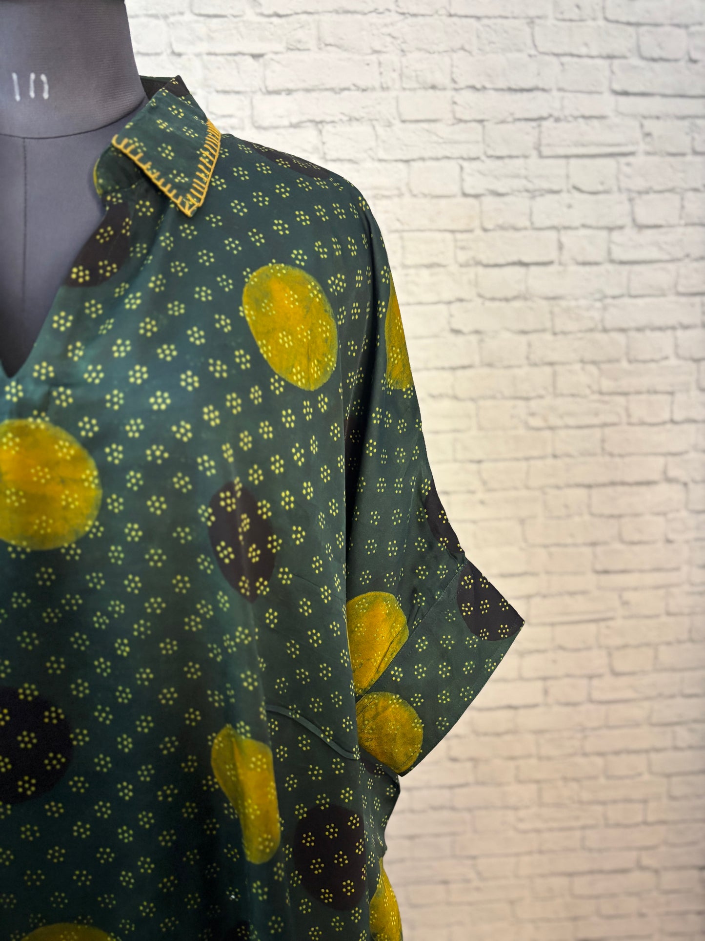 Green Yellow Circle Modal Silk Ajrakh Kaftan Top